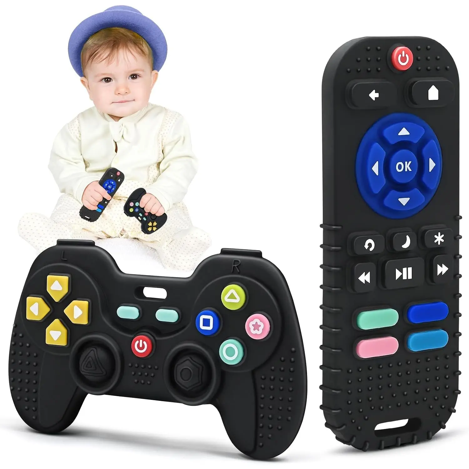 Baby Teething Toys for 3-6-12 Months, Silicone Sensory Teether Remote & Game Controller, BPA-Free Infant Soothing Relief for Newborn Boys Girls, Autism Gift for Birthday Easter(Gift)