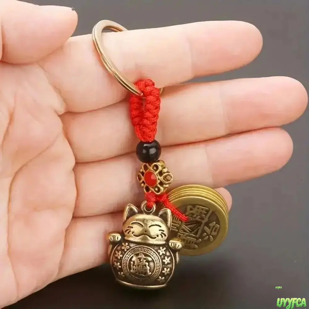 Vintage Brass Maneki Neko Five Emperor Coins Keychain, Red Chinese Knot Cord Lucky Wealth Feng Shui Charm, Vintage Mini Fortune Cat Key Ring, Spiritual Protection Bag Purse Car Hanging Ornament, Car Decoration,Summervibes