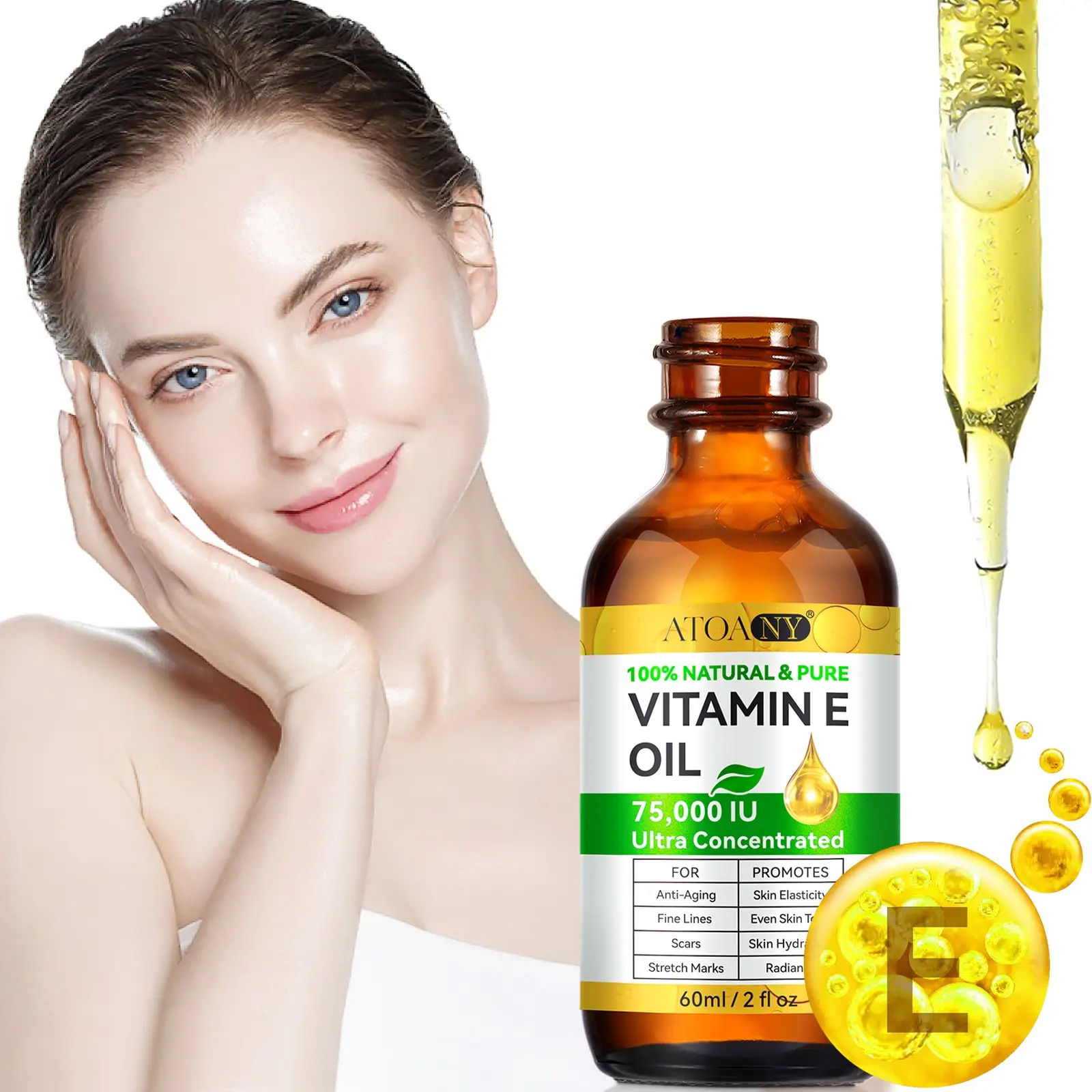 Atoany Vitamin E Oil 60ML, Rich in Antioxidants, Moisturizing, Tightens Skin, Smooths Hair, Nourishes Nails, Multi-Purpose Vitamin E Oil