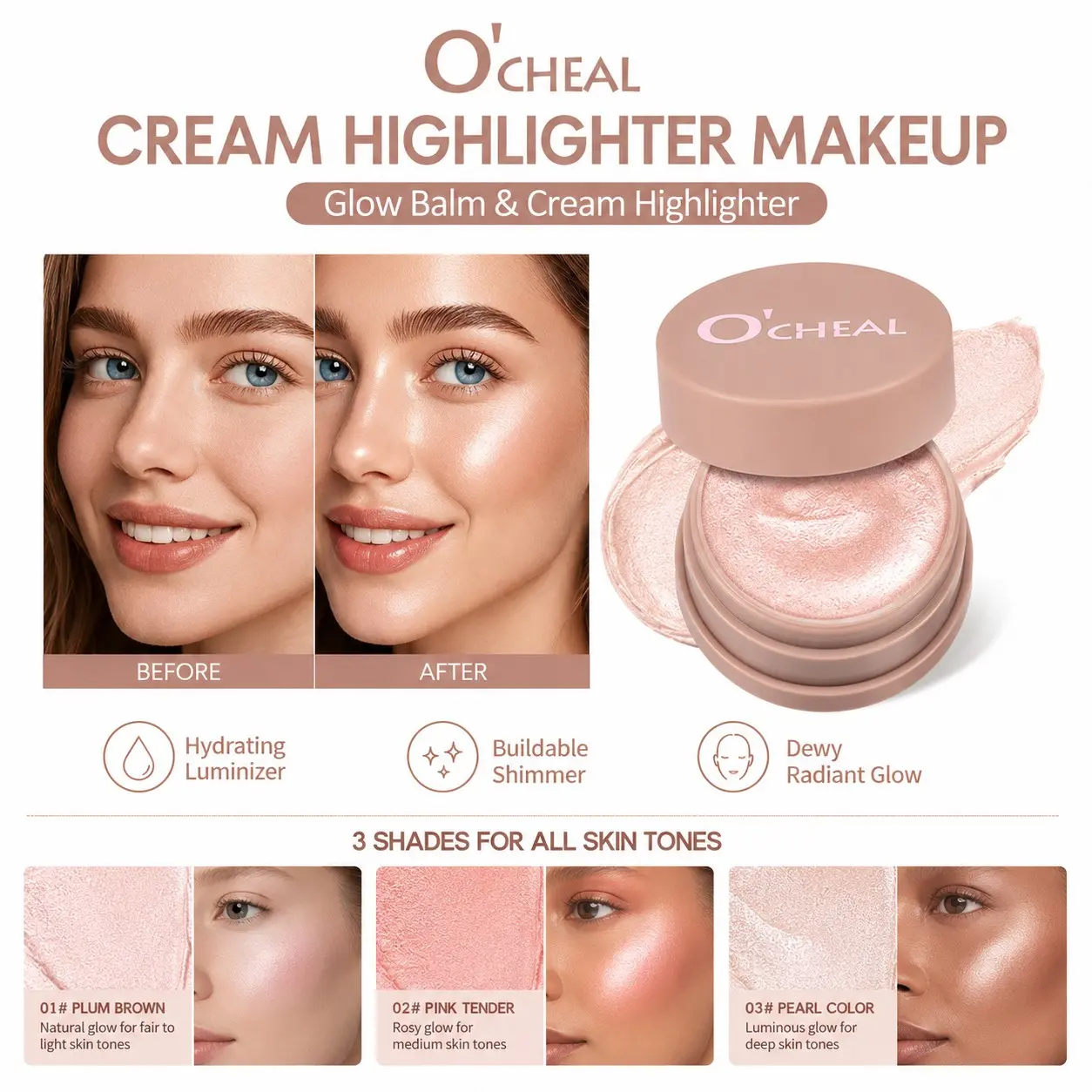Cream Highlighter Makeup, Natural Highlighter, Glow Balm & Cream Blush for Face and Body, Hydrating Luminizer with Buildable Shimmer, Lightweight Blendable Smooth Potato Mousse Texture, Illuminating Highlighter for Dewy Radiant Glow, 3 Shades