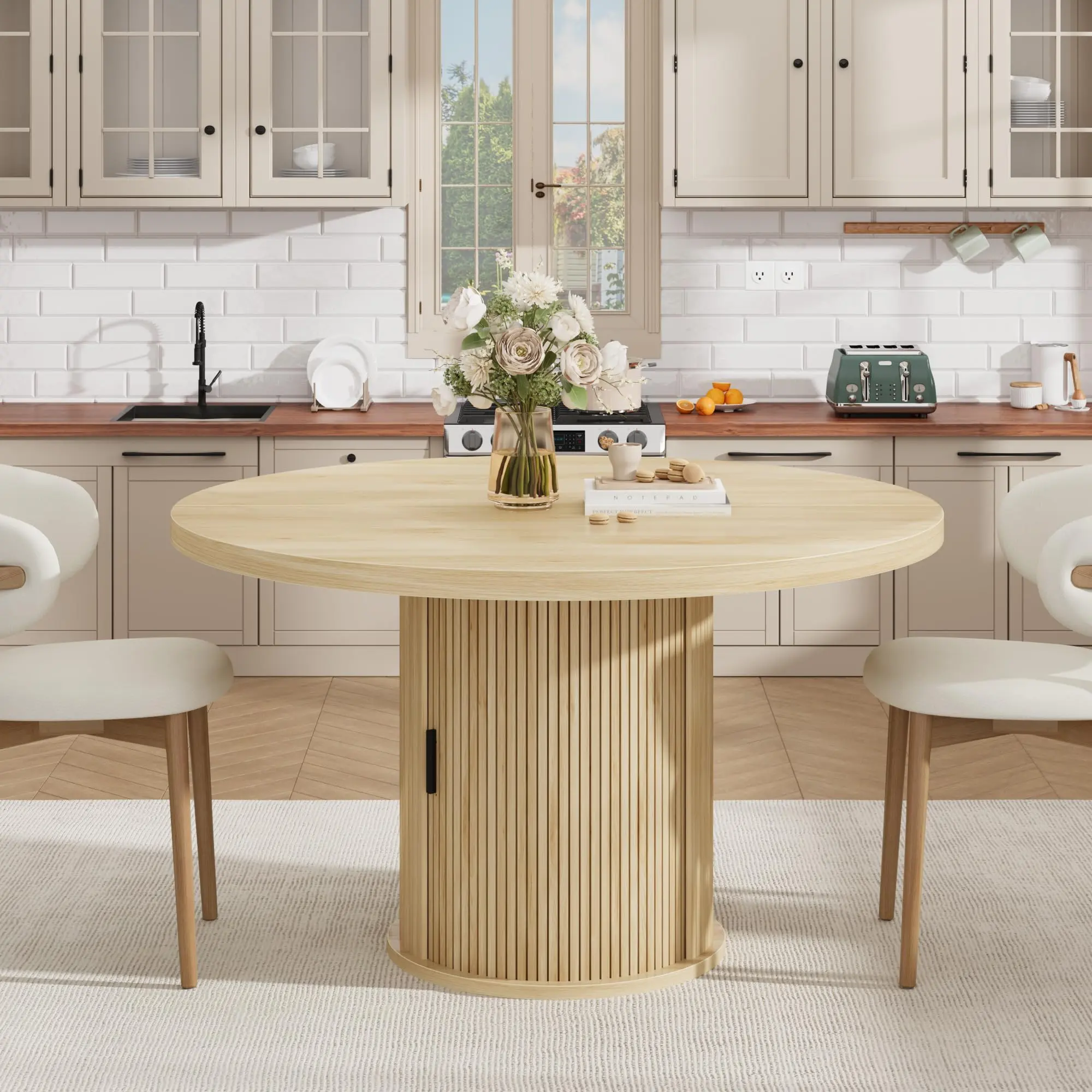 Round Dining Table, Modern Farmhouse Kitchen Table with 2-Layer Storage Shelf & Drawer, Wooden Circle Dining Tables with Fluted Pedestal Base