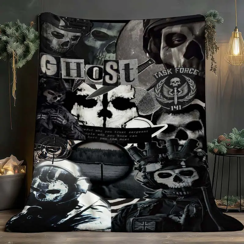 COD Ghost Task Force 141 Collage Flannel Throw Blanket Call Of Duty Simon Riley Ghost Military Graphic Warm Blanket Gift COD Fans All Ages