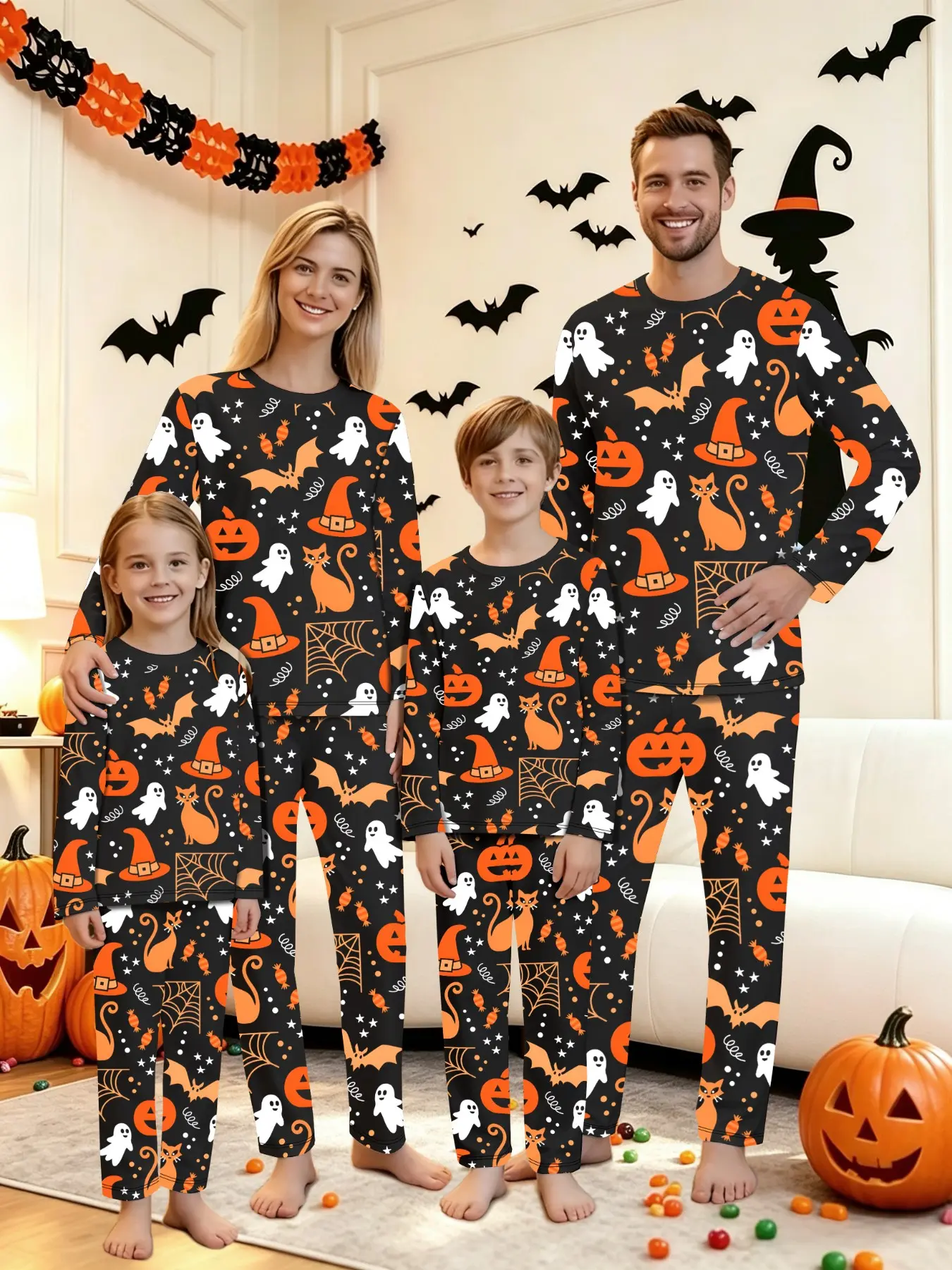 Family Halloween Pajama Set, 2-Piece Pumpkin Print Long Sleeve Sleepwear for Men Women Kids, Casual Loose-Fit All-Seasons Home