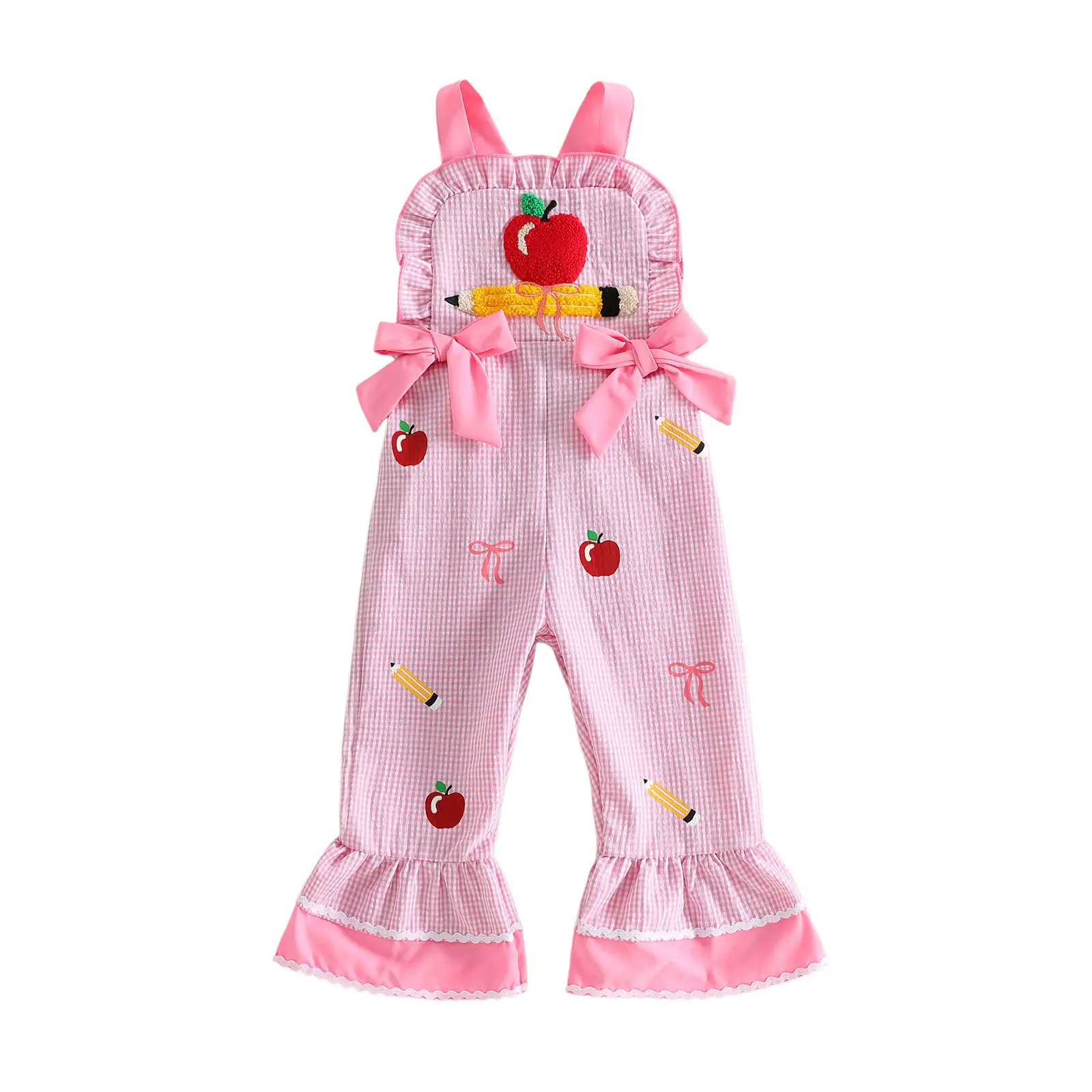 Toddler Baby Girls Back-to-School Overalls Apple Pencil Embroidery Plaid Jumpsuit Cute Bow Suspender Pants for Toddler