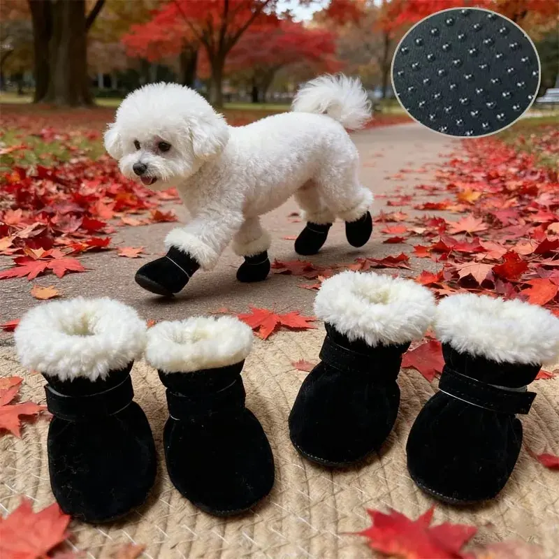 Pet Dog & Cat Winter Snow Boots - Waterproof Suede, Cotton Paw Protectors, Anti-Skid Booties for Small Breeds (Chihuahua, Teddy)