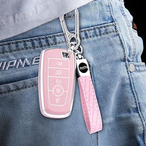 Key Fob Cover for Ford - Premium Soft TPU Shell Full Protection Case with Keychain, Fits Bronco Sport Maverick Ranger Explorer Expedition Escape Edge Mustang F150 F250 F350 Fusion, Pink 4-Button
