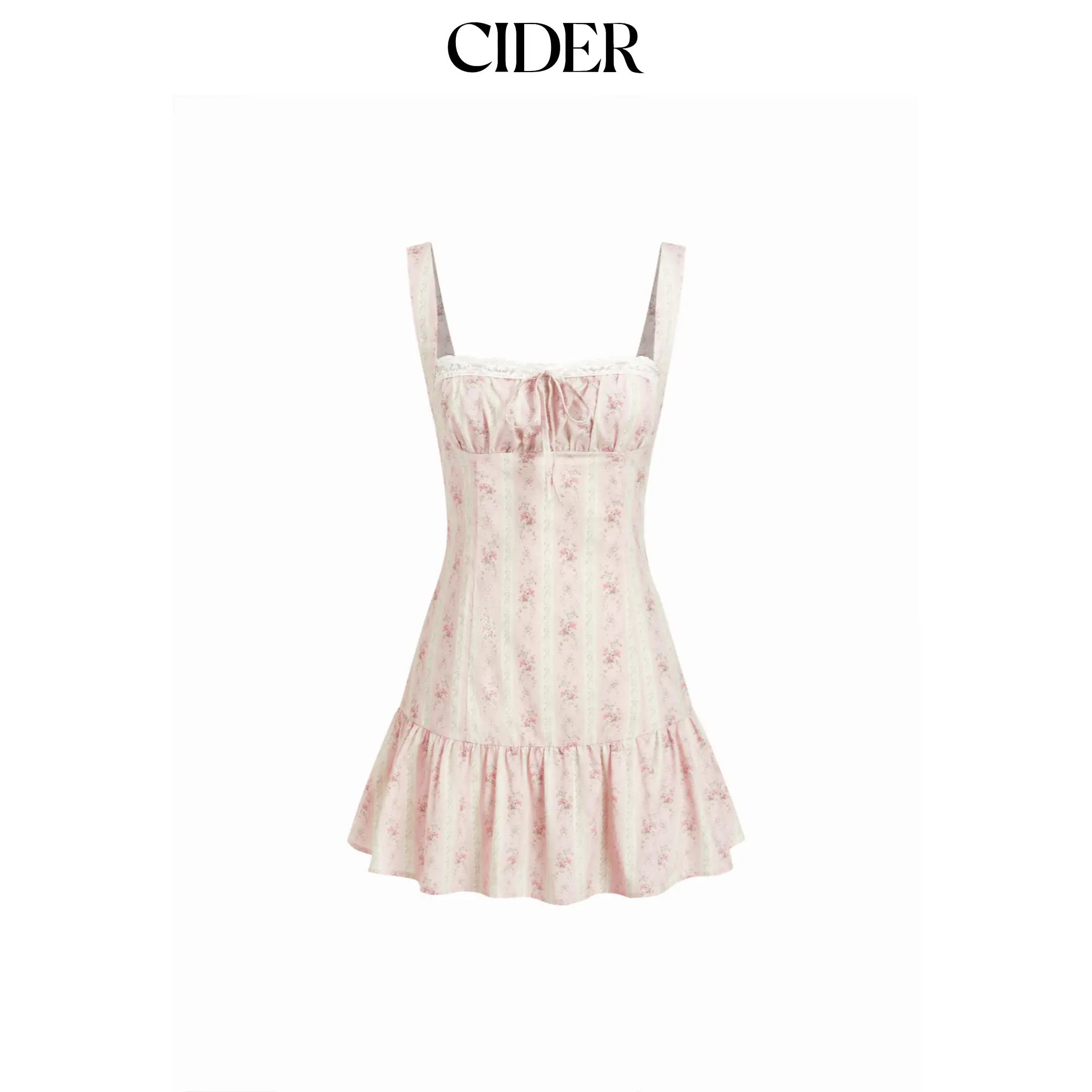 Cider Cotton Floral Square Neck Lace Up Ruffle Hem A-line Mini Dress SohoChic