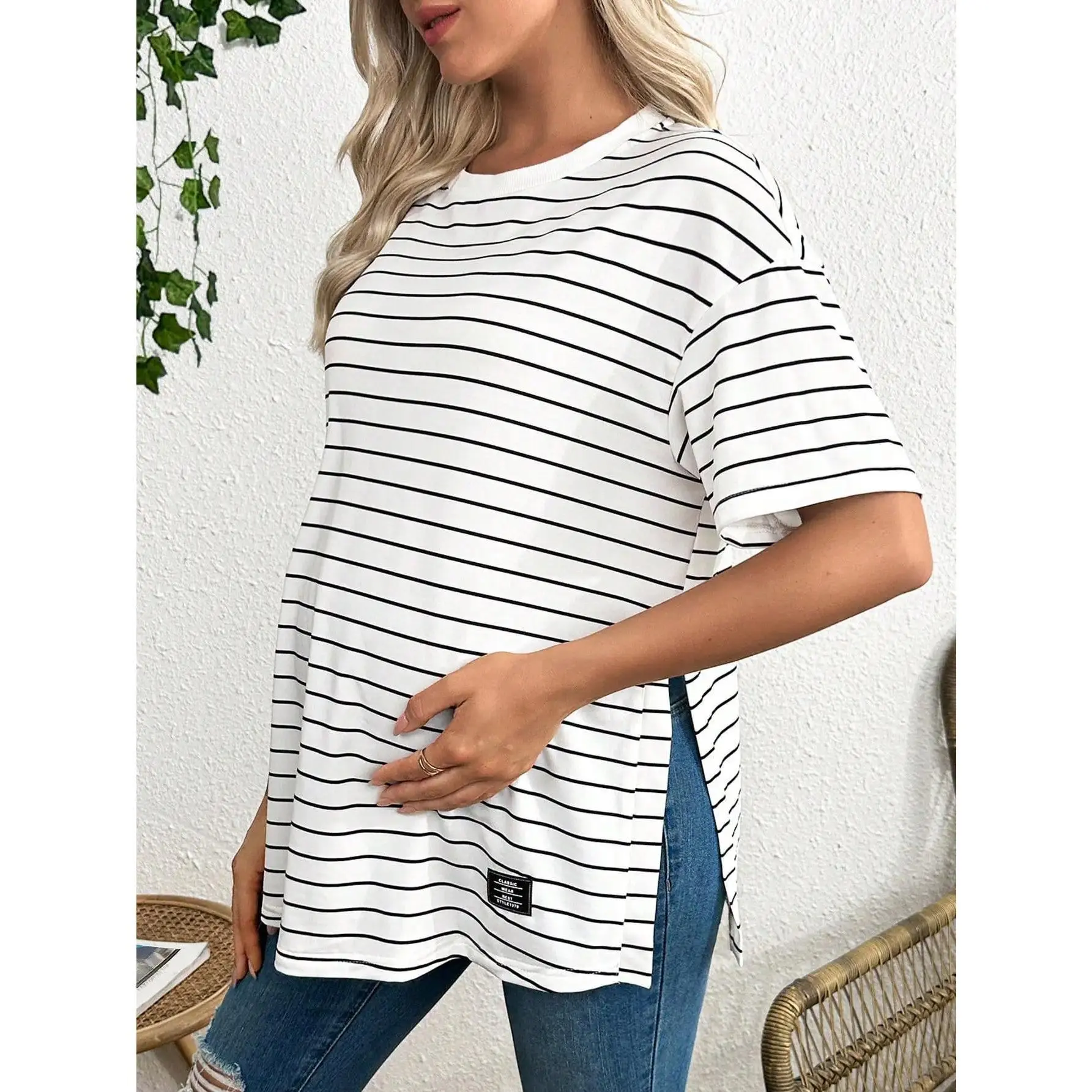 Pregnancy clothesMaternity Striped T-Shirt, Casual Short-Sleeve Crew Neck Top for Summer Pregnancy, Comfortable Everyday Wear Blouse, Maternity Outfits, Pregnancy Clothes
