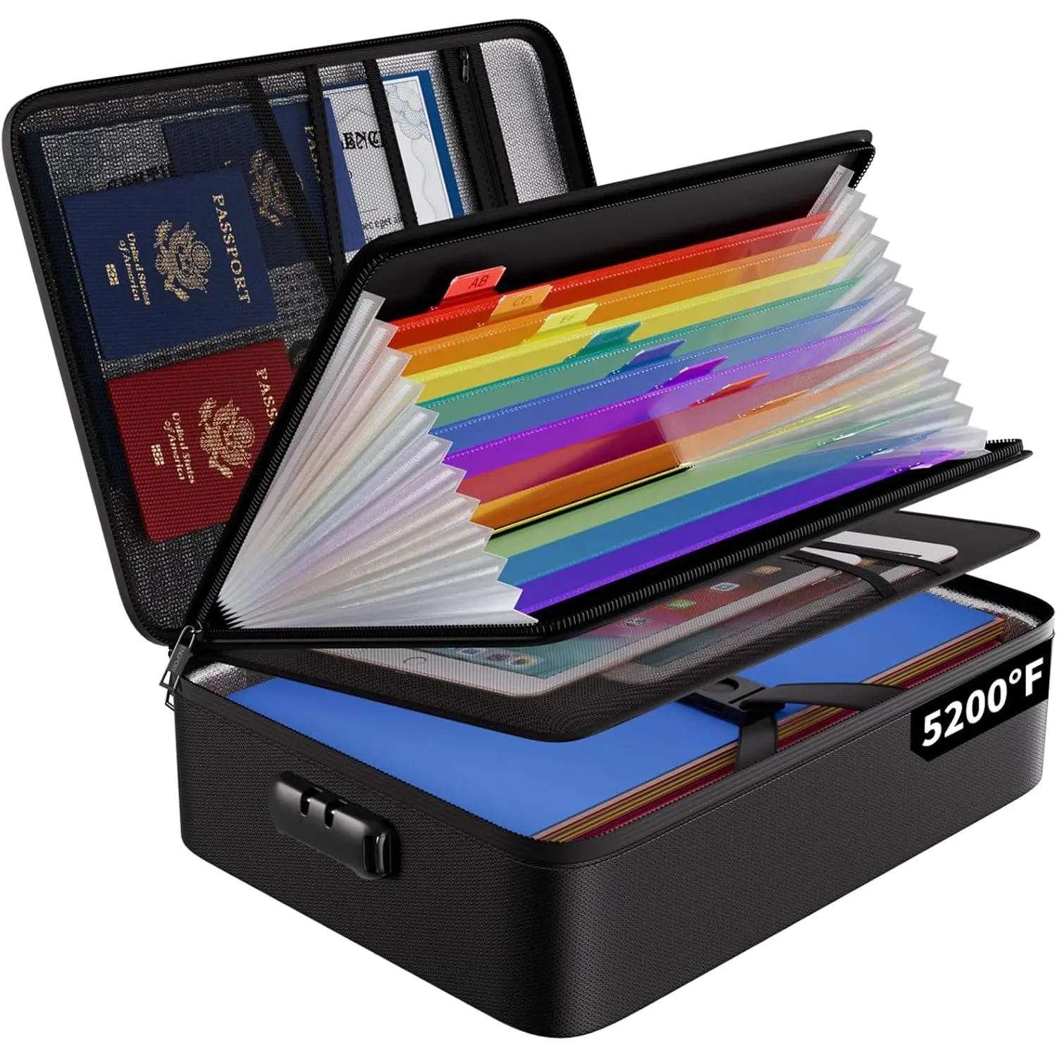 Fireproof File Organizer Bag with 13 Colorful Pockets Accordion File Folder,5200℉ Document Organizer Box with Lock&Labels,Multi-Layer Portable Home Safe Storage for Important Documents,Files