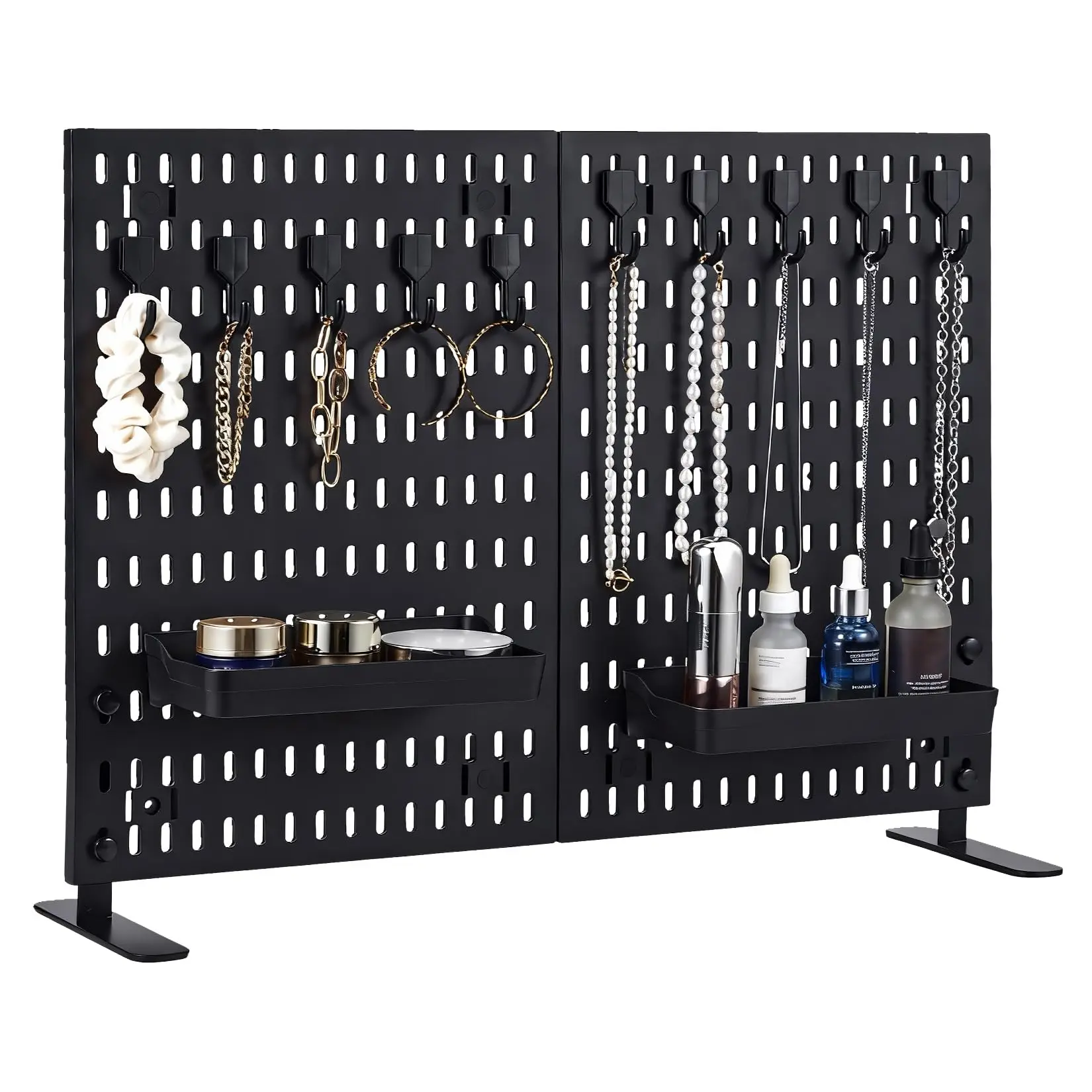 Tabletop Peg Board Display Stand with 10 Hooks & 2 Trays, 16" x 24" Metal Tabletop Pegboard for Craft Shows, Jewelry and Key Ring Retail Display Racks for Selling Accessories, Black