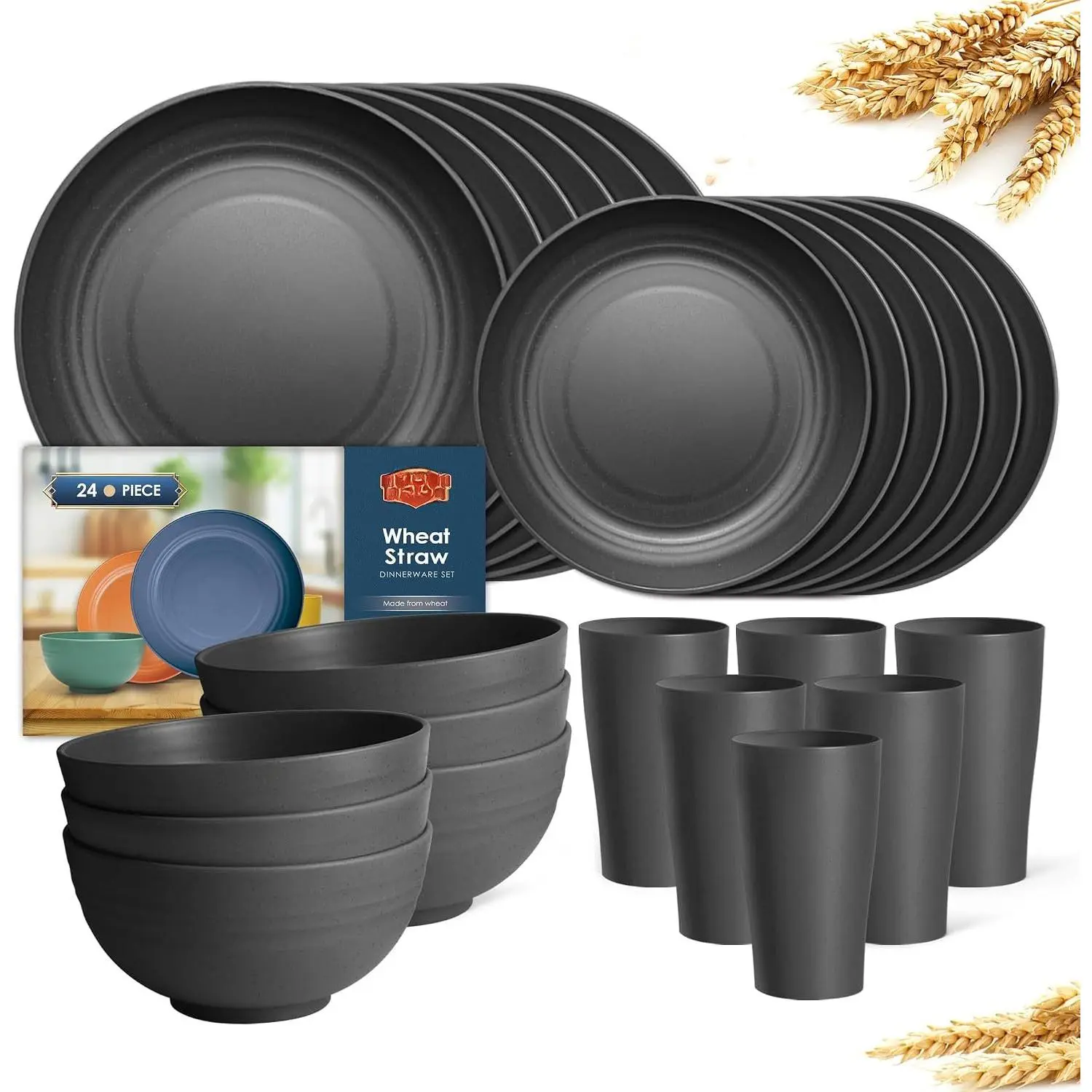 24- Kitchen Plastic Wheat Straw Dinnerware Set, Service for 6, Dinner Plates, Dessert Plate, Cereal Bowls, Cups, Unbreakable Plastic Outdoor Camping Dishes, Black