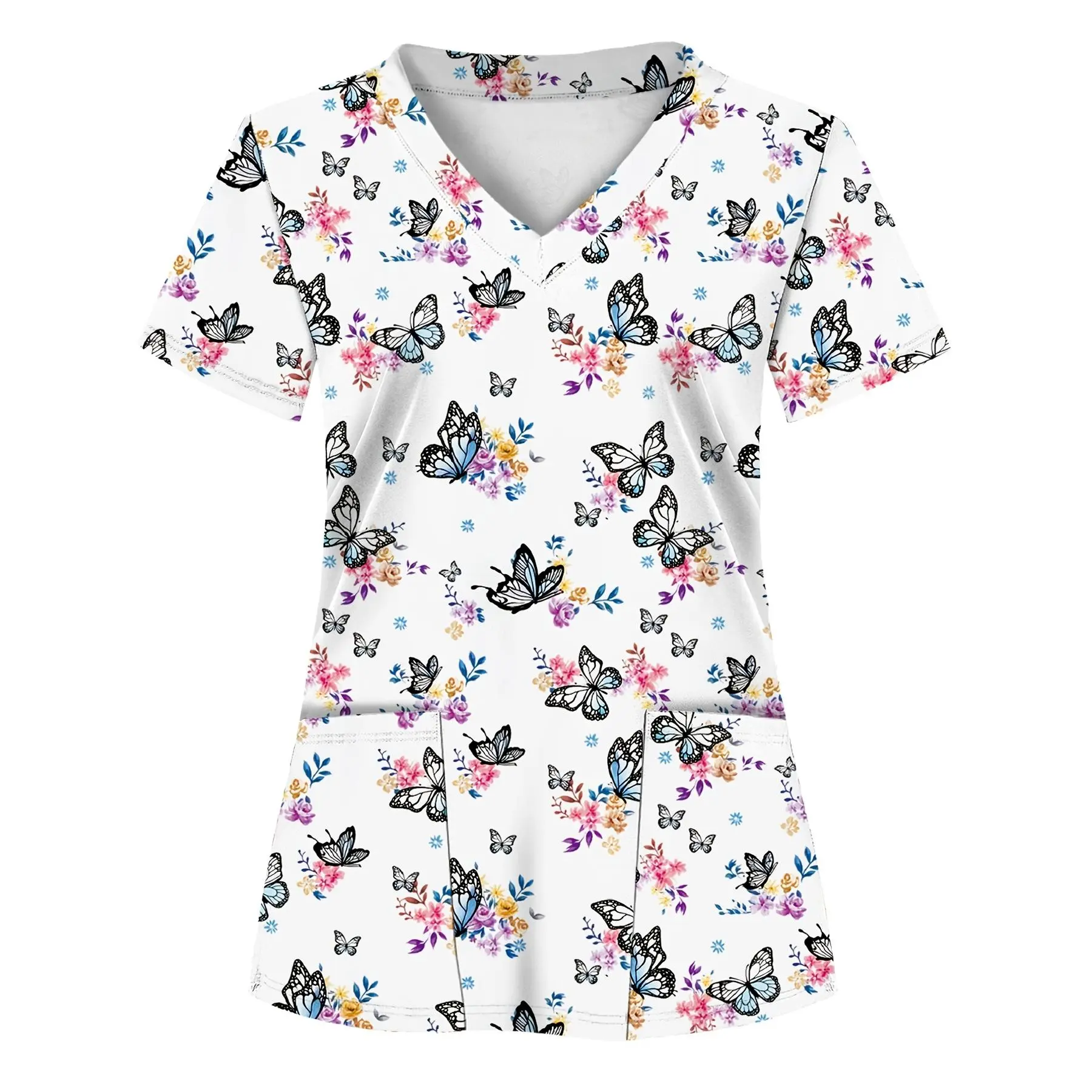 [Butterfly Print Scrub Top] Women's V-neck Scrub Top - Butterfly Print | White, Short Sleeve, Comfortable Fabric, Dual Pockets, All-season Wear