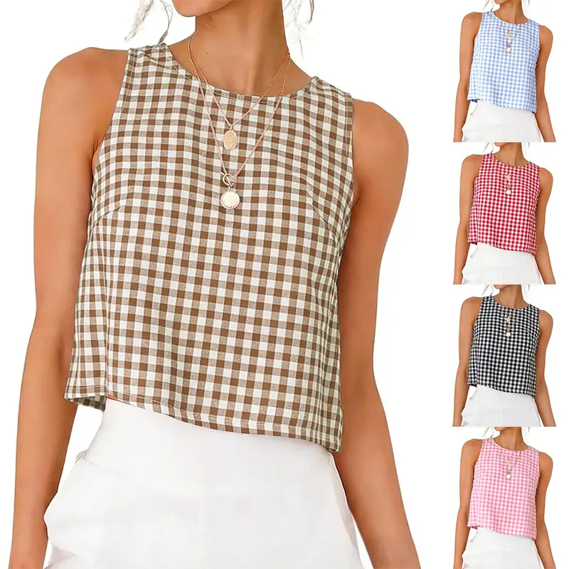 Women's Button Crew Neck Sleeveless Checked Short Vest