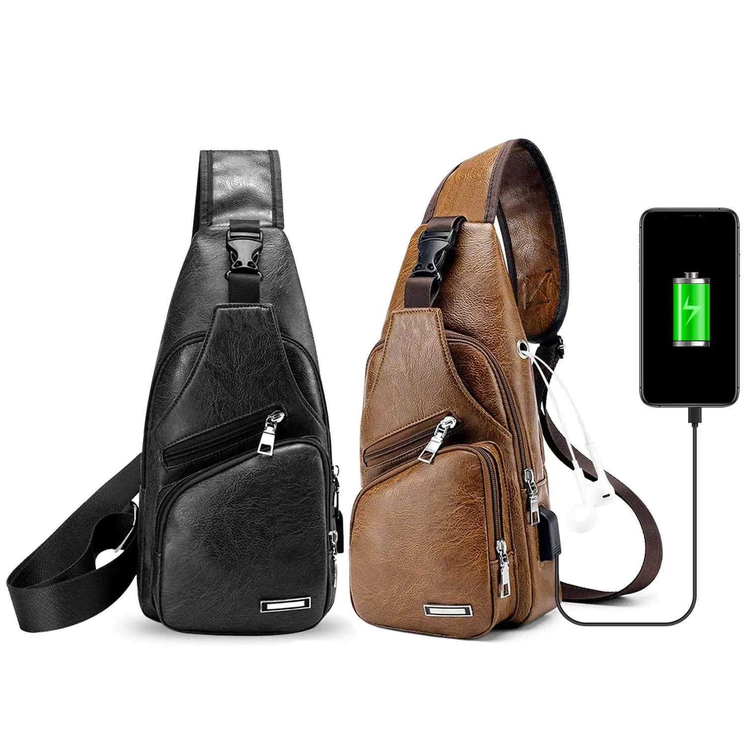 Unisex Crossbody Sling Bag, PU Leather Chest Bag with USB Charging Port, Waterproof Casual Daypack for Daily Use, Travel, Sports, and Hiking Shoulder Bag summervibes