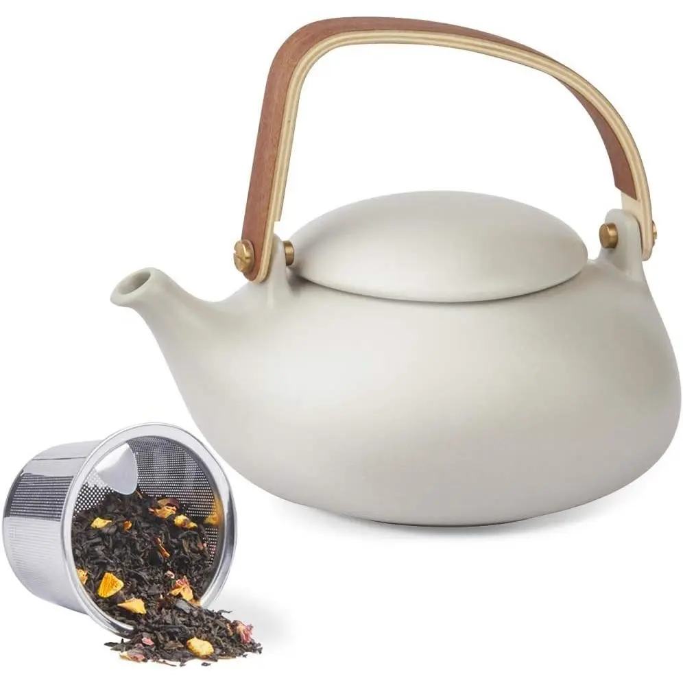 Ceramic Teapot with Infuser, 27oz Japanese Loose Leaf Tea Teapot | Matte Gray Clay Modern Teapot with Infusers for Loose Tea Lover Gift, Bentwood Handle Teapot