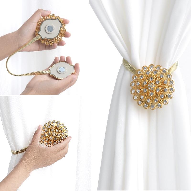 2pcs Crystal Flower Curtain Tiebacks Magnetic Holdback Clips, High Elasticity Spring Wire Fixing Accessories for Home Office Decorations Easy Install Curtain