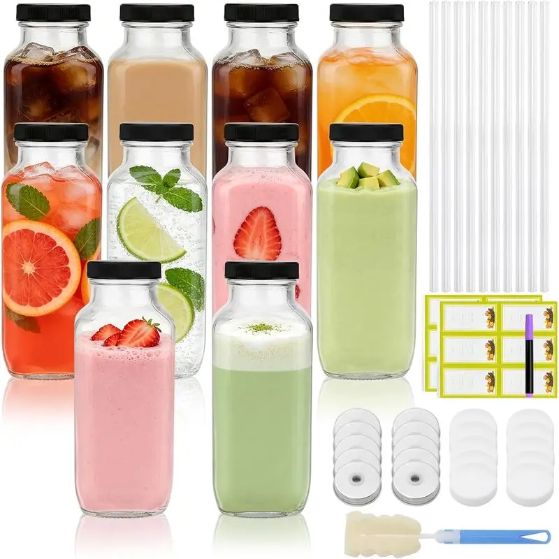 10 Pack 16oz Square Glass Juice Bottles with 3‑Types Airtight Lids, Reusable Glass Containers with Straws & Cleaning Brush, Leakproof Drink Bottles for Juicing, Milk, Kombucha & Homemade Beverages