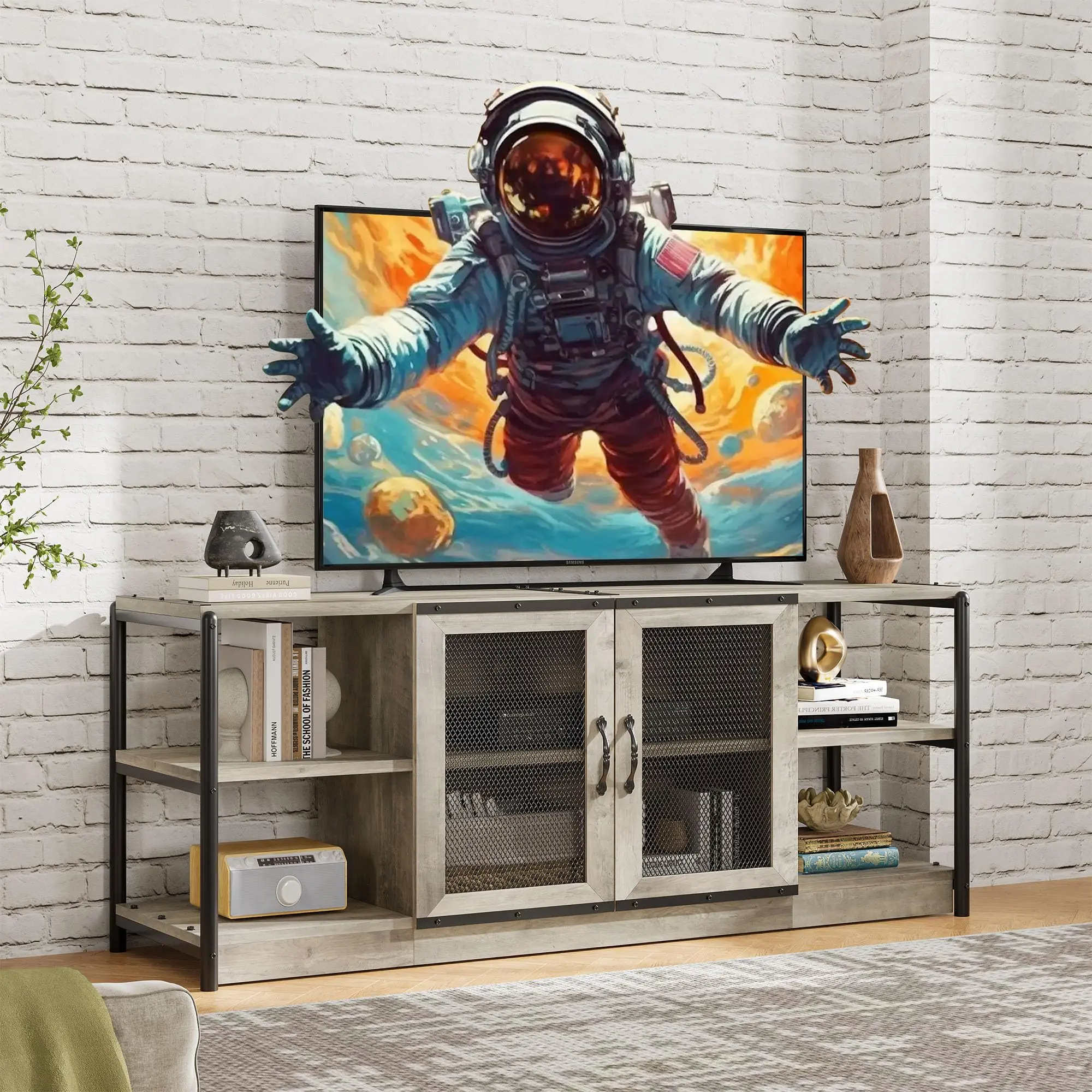 【GARVEE】Rustic Gray Industrial Metal Farmhouse TV Stand - Media Console Styling, Metal Side Panels & Multi-Deck Multimedia Centres, Mesh Doors, Adjustable Shelves, Fits 65”+ TVs, Living Room Bedroom Use, Assembly Required - SummerVibes, Metal Side Panels
