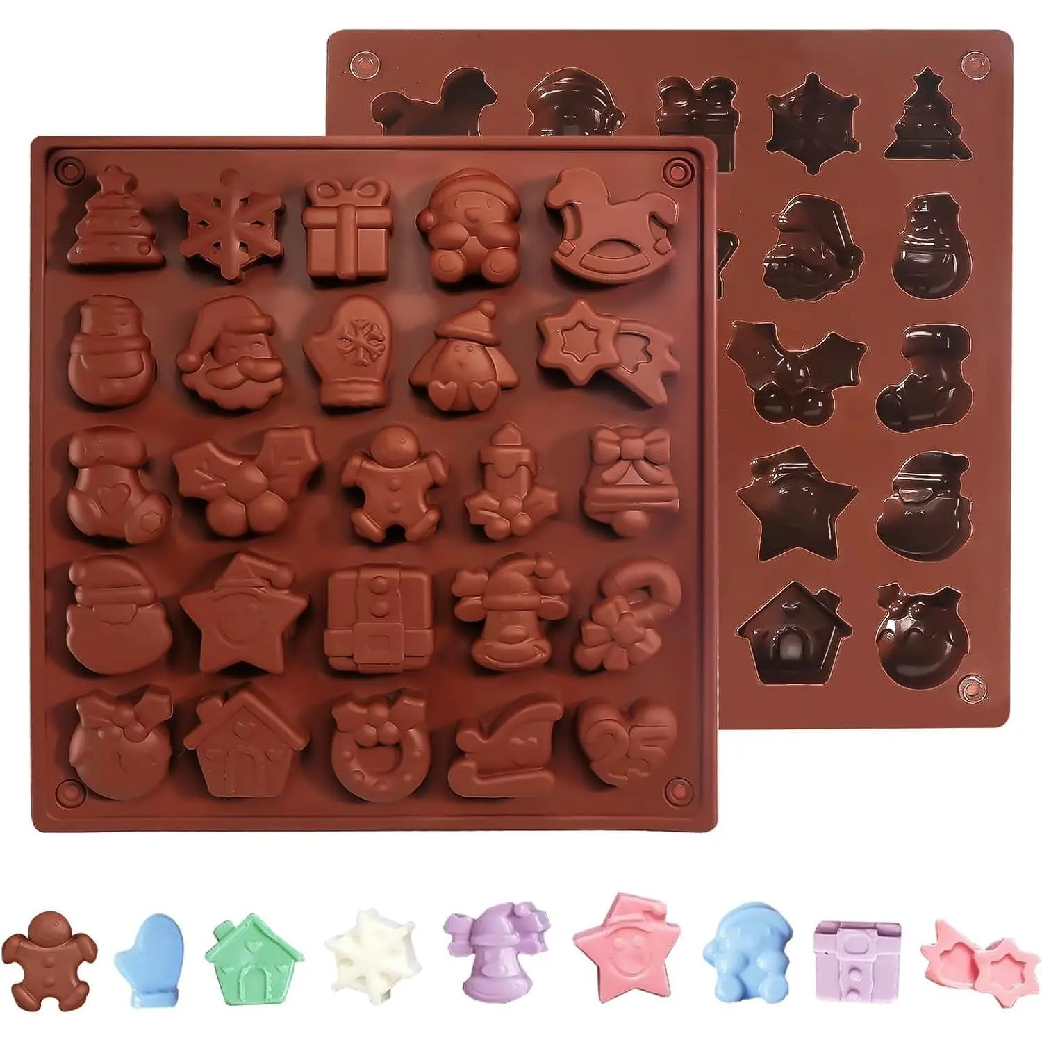 2pcs Christmas Silicone Molds Fondant Chocolate Christmas Molds |   Silicone Ornament for Christmas Tree Santa Claus Gingerbread Cane, Candy Molds, Ice Cube, Soap, Cake Topper