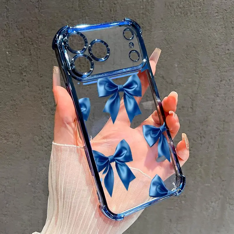 Clear Four Corners Anti-drop Phone Case For iPhone 17 Pro Max 16 15 Plus Air 14 13 12 11 E Protective Cover Blue Bows Printed Shockproof Cellphone Casing