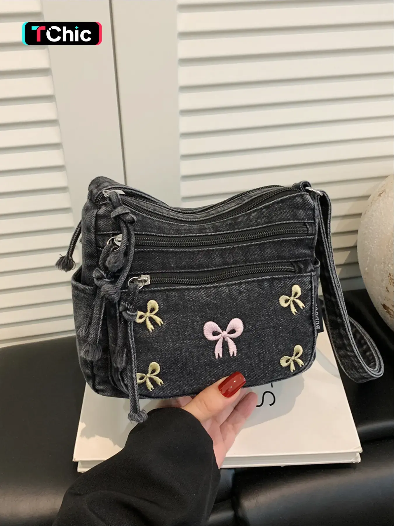 Embroidered bow multi-compartment crossbody small bag, multi-layer zippered storage compartments with tassel charm, side slip pocket design, wide adjustable long shoulder strap sweet daily shopping square crossbody bag.