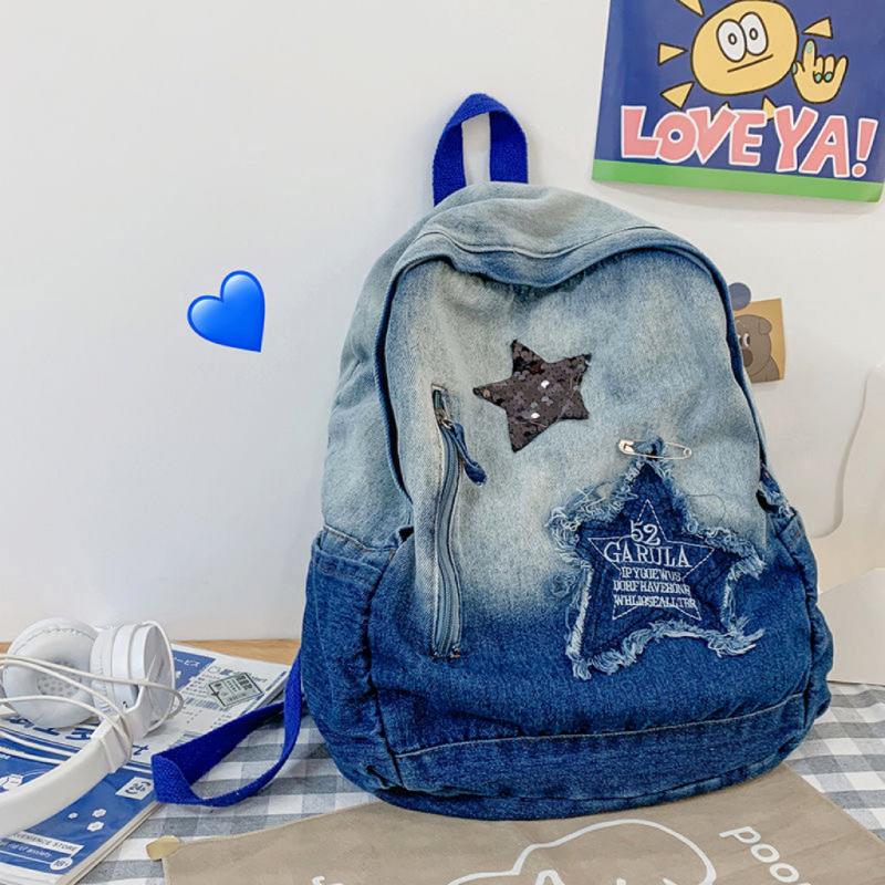 Y2K Korean Casual Denim Backpack Fashion Star Pattern Large Capacity Student Schoolbag Teenagers Vintage Punk Travel Book Bag