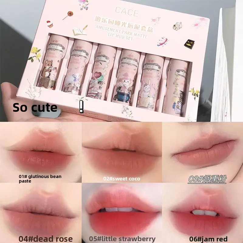 CACE New Amusement Park Themed 6-Color Lip Mud Set Lippies, Korean Matte Muted Red-Brown Dark Shades, Long-Lasting Brightening Lipstick Gift Box for Students