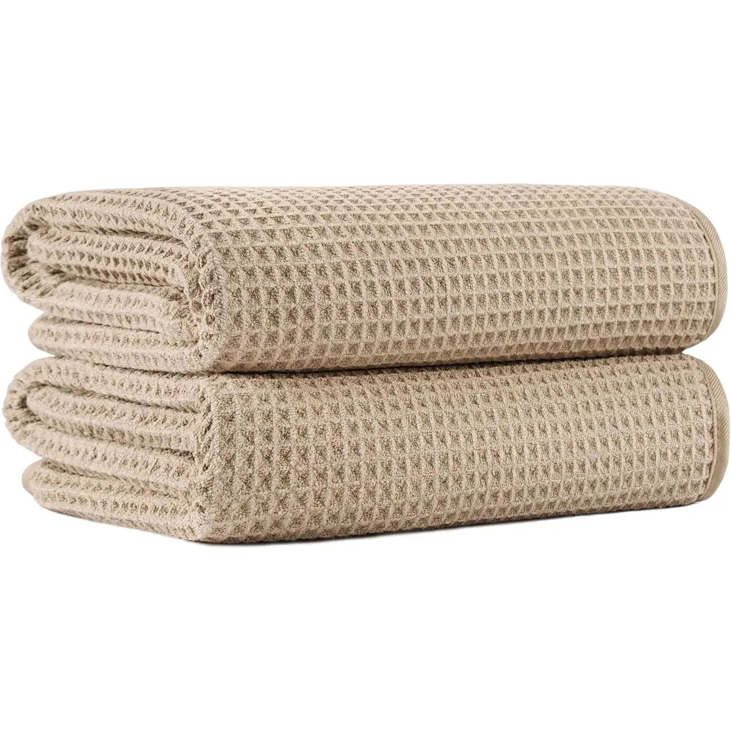Beige New Microfiber Waffle Bath Towels, 2-Piece Oversized Set, Soft, Water Absorbent, Fast Drying, Lint Free, 430 GSM