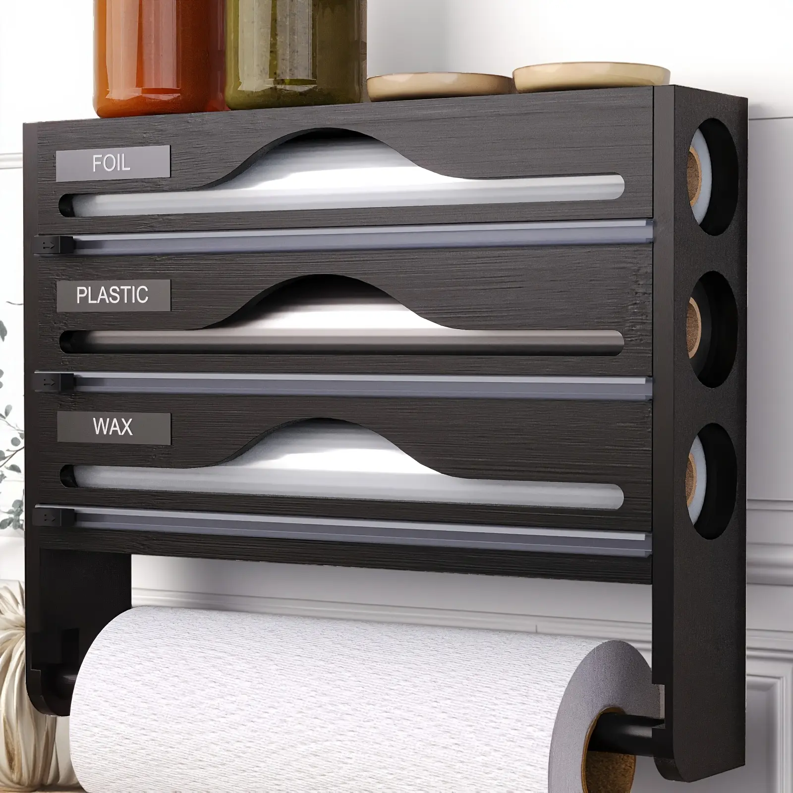 Home Kitchen Three-In-One Film Cutter Box, Durable Upgrade with Paper Holder, Multi-Compartment Storage, Essential for Foil and Wax Paper Cutting, Home Kitchen Accessory