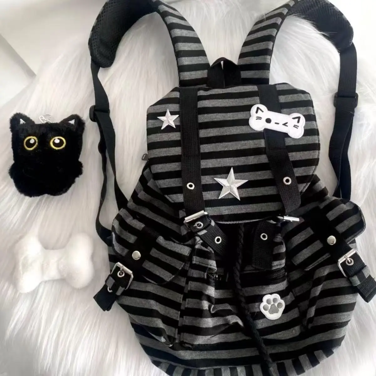 Cute Punk Backpack for School, Water-Resistant Bag with Cat Paw Print & Colorblock Stripes, Large-Capacity for College & Travel, Backpack For Travel, College Travel Backpack