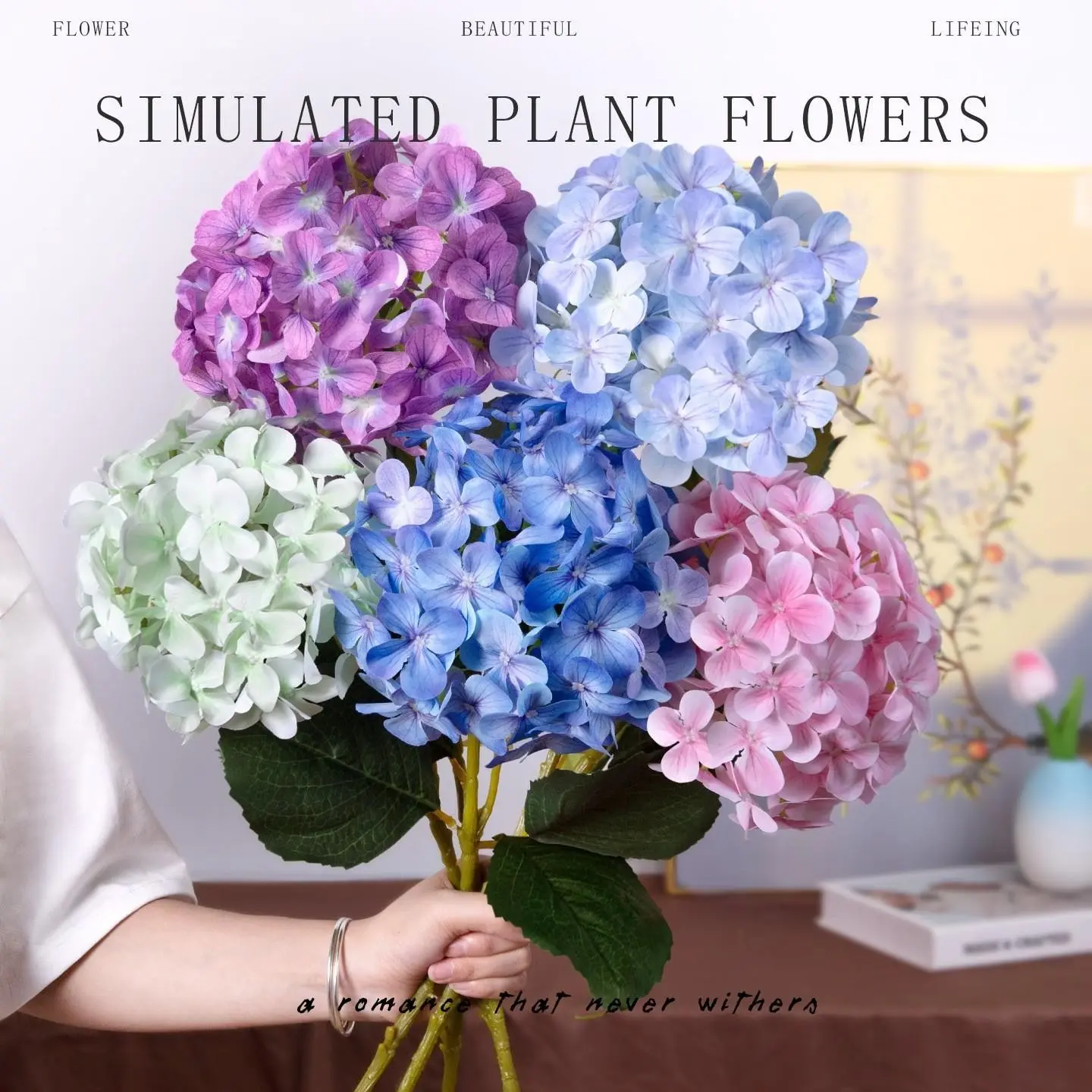 The latest 5 sets of 23-inch realistic white hydrangea artificial flower bouquets, featuring long stems and leaves, are entirely made of latex to replicate hydrangeas. They are suitable for Halloween, Christmas, home decoration, Mother's Day gifts, birthd