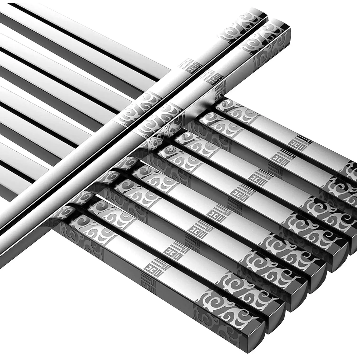 Reusable Stainless Steel Chopsticks Set (5 Pairs) - Sturdy Metal Cutlery, Glossy Finish, Square Shape, Lightweight, Non-Slip, Dishwasher-Safe Tableware Gift Set with Gray Matte Pattern for Christmas, Birthday