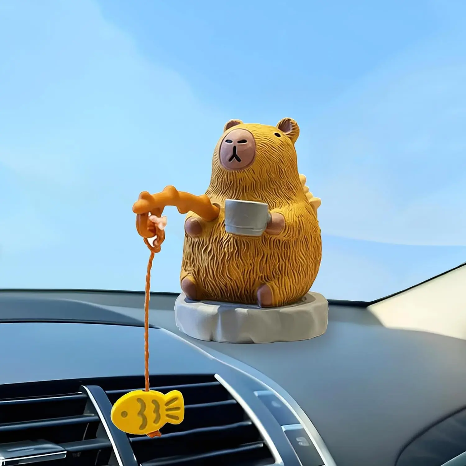 Funny Fishing Ornament Dashboard Accessories, Cute Car Accessories Interior Animals Dashboard Decoration, Swinging Fish Car Dash Decor (Capybara)
