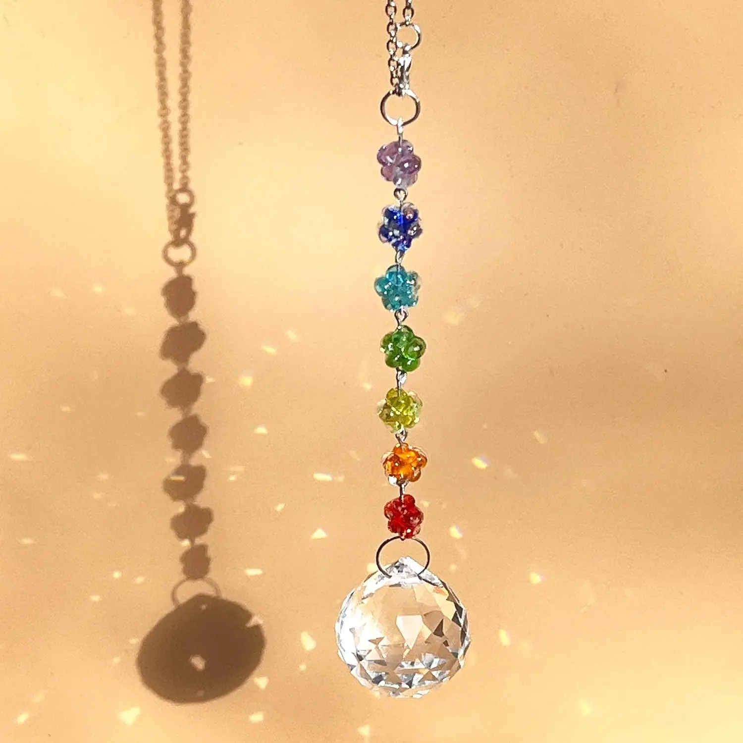 Suncatcher Charm for  Rear View Mirror, 7 Chakras Rainbow Glass Chanderlier Prisms   Charm, Sun Catcher Ornament Window Wall  Décor (Rainbow Flower)