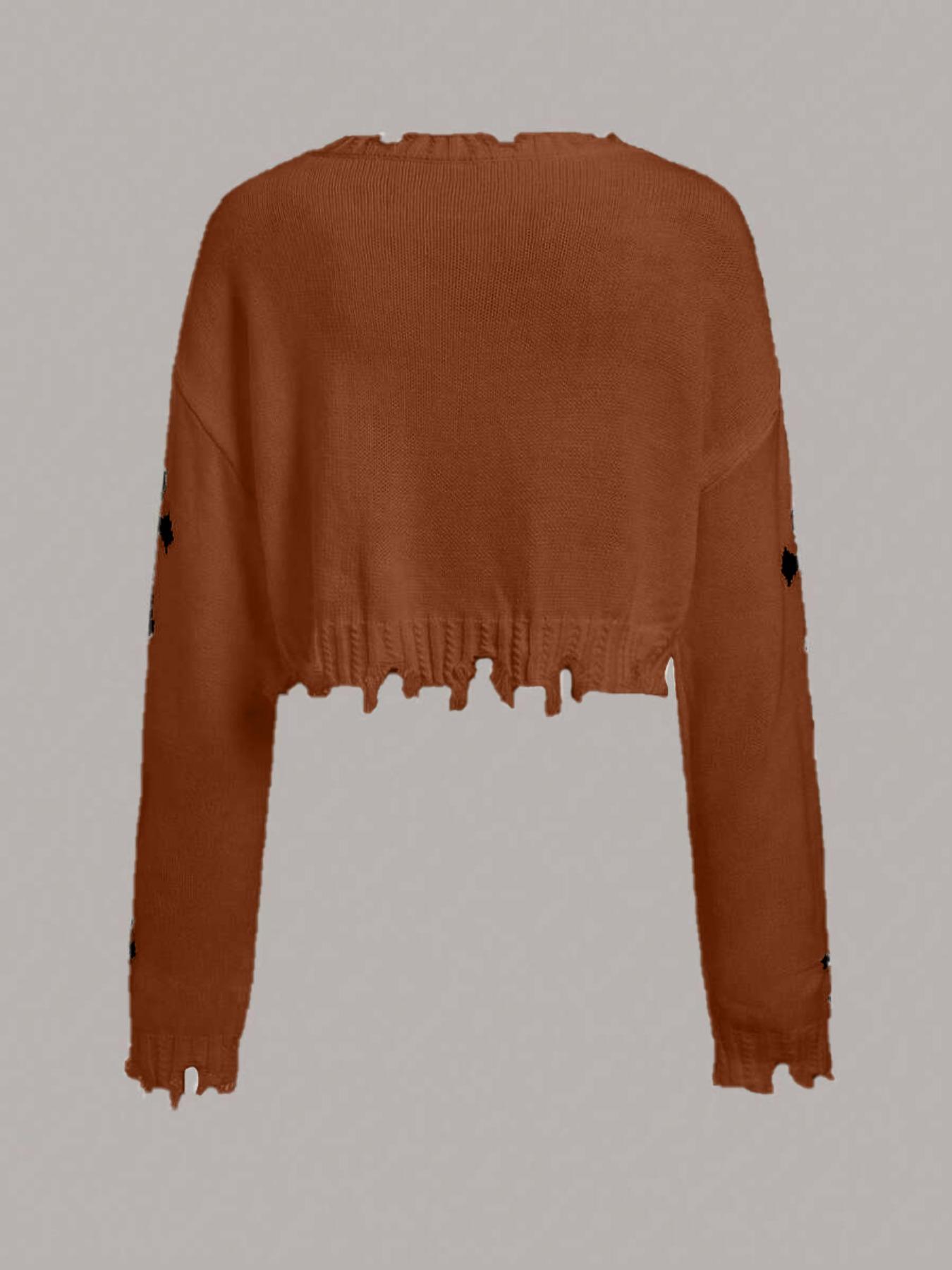 Women's Cross Print Ripped Drop Shoulder Crop Sweater, Street Fashion Chic Style Long Sleeve V Neck Jumper for Daily Outdoor Wear, Ladies Stretchy Knitwear for Spring & Fall Clothes, Casual Sweater for Women, Trending Clothing Women