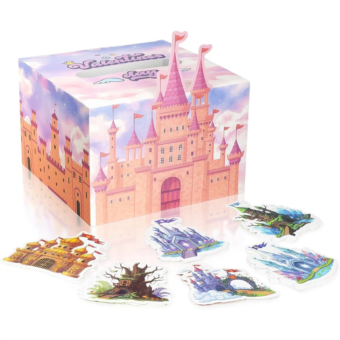 Valentines Box Kit for  DIY Mailbox with 38 Greeting Cards for School Classroom Castle Design, Boys and Girls Gifts Exchange Party Supplies