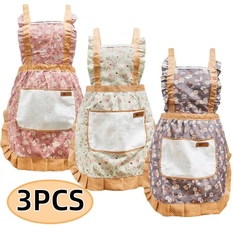 Vintage Floral Aprons for Women, 3-Pack Adjustable Cross Back Design with Pockets for Cooking and Baking, Three Pieces