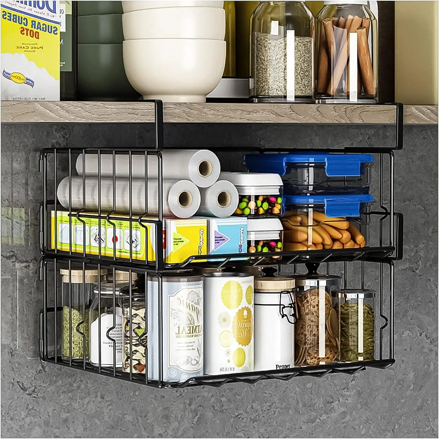Under Shelf Basket Storage 2Pack - 11.8in Metal Under Cabinet Shelf, Hanging Wire Basket Shelves, Undershelf Storage Basket for Kitchen Pantry Bookshelf