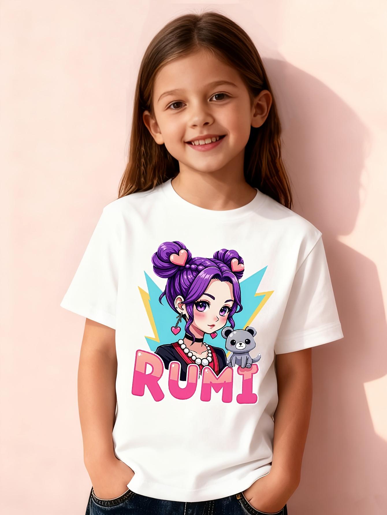 1[1-Piece] Girls' Creative "Rumi Purple Power Cartoon" Print Summer Short-Sleeve T-Shirt, Pink, White, and Other Series Printed Short-Sleeve T-Shirt Top Base Layer, 100% Polyester Fiber, Slightly Stretchy Crew Neck Regular Fit Sporty Casual Pullover