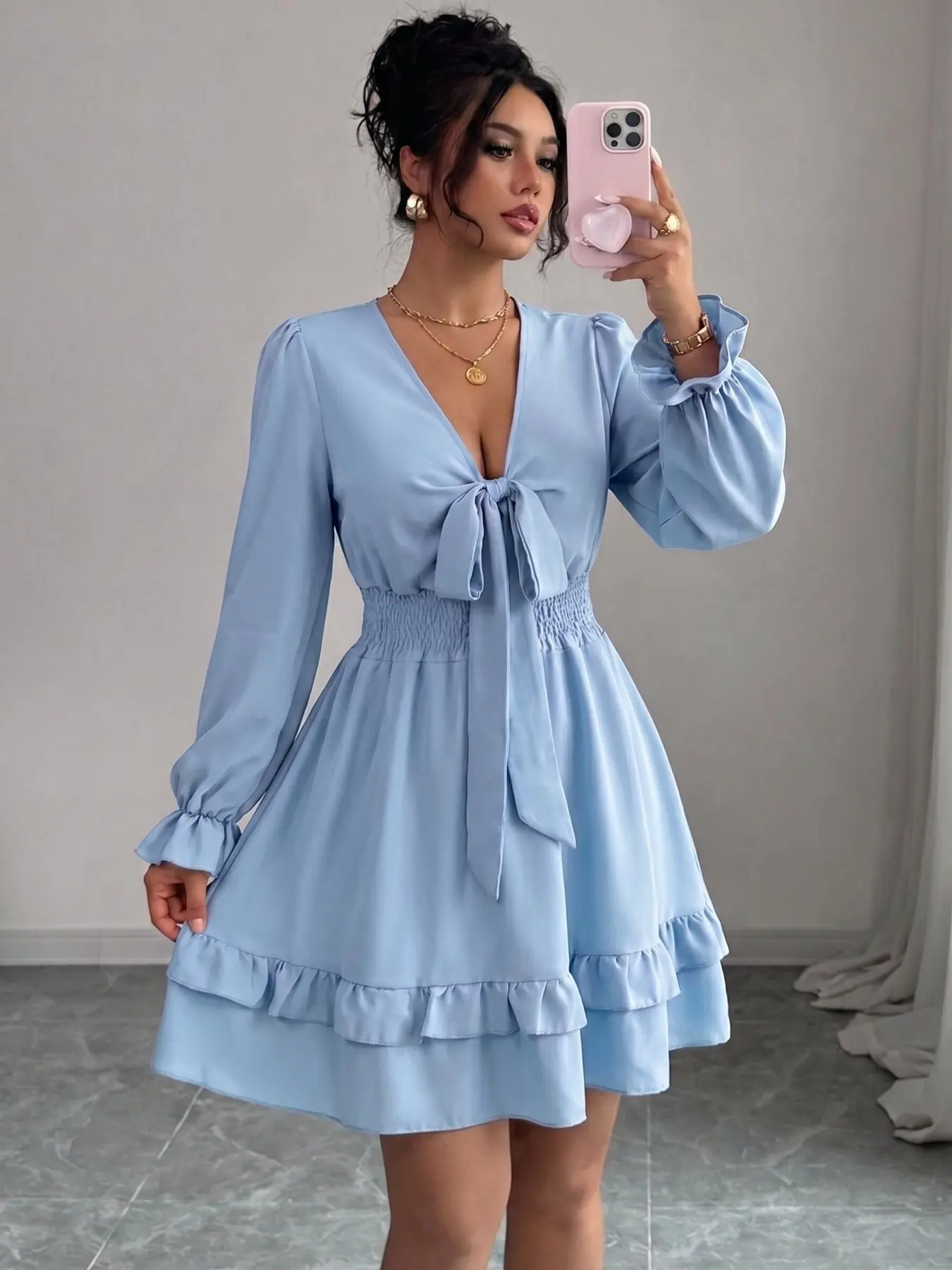 New V-Neck Casual Chic Sexy Tie Waist Ruffled Long Sleeve Dress, Spring Summer Women's Fashion, Elegant Plain Solid Design, Perfect for Daily Wear