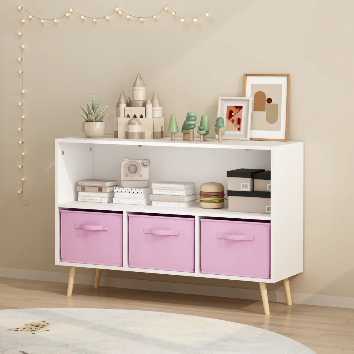 Modern Kids MDF Board Pine Bookcase with 3 Collapsible Fabric Drawers, Wood Legs, Wall Safety Buckle, Durable Children's Book Display & Toy Storage Cabinet Organizer, White/Pink