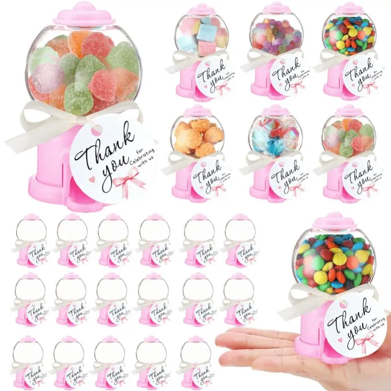 12/24 Pack Mini Candy Dispenser Party Favors, 4-Inch Gumball Machine Toys with Thank You Cards & Ribbons, Birthday Party Decorations and Guest Gifts