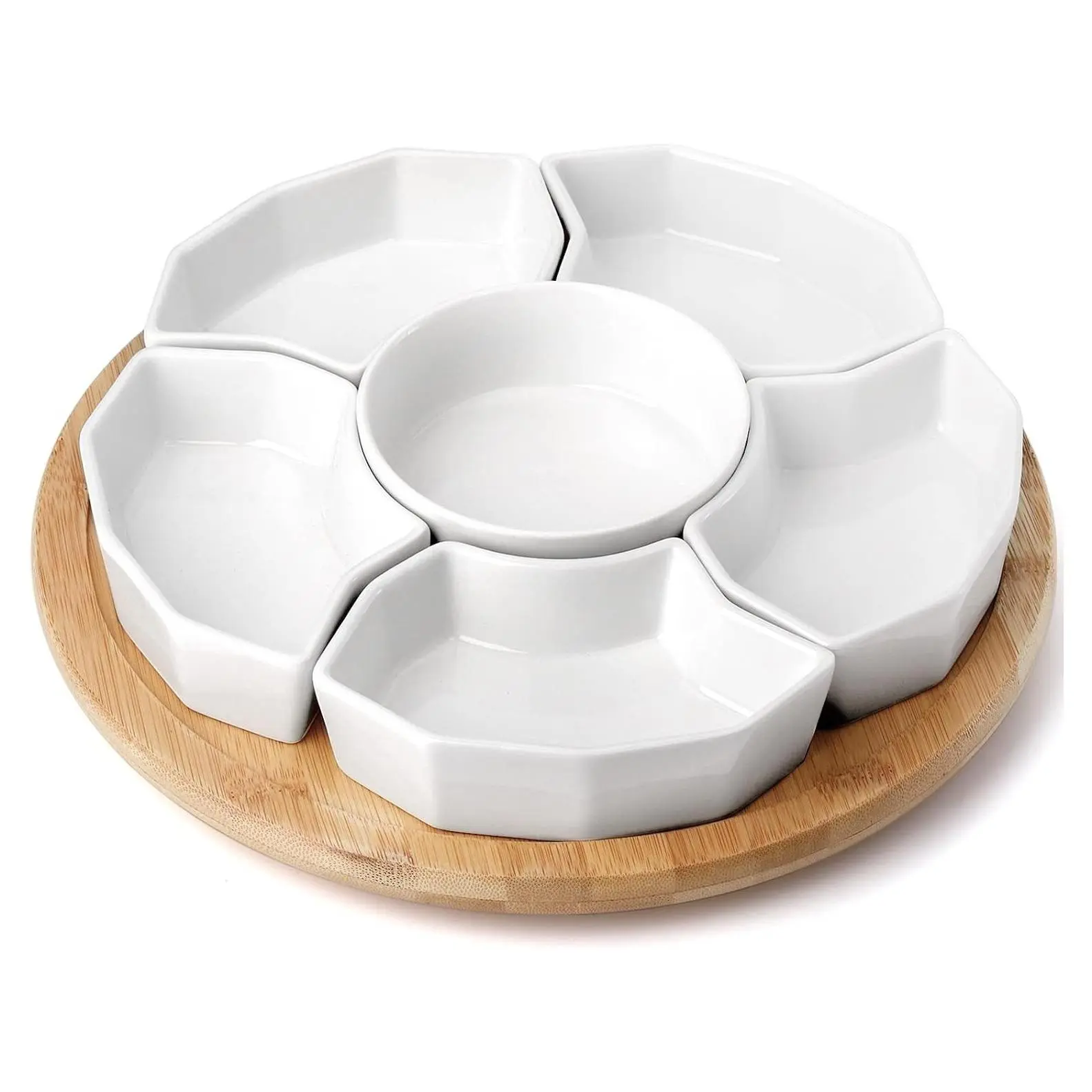 11'' Lazy Susan Serving Tray, Porcelain 360° Rotatable Platter with Removable Divided Serving Dishes, Party Relish Bowl for Chips, Dip, Veggies, Candy, Snacks and Cheese, 7 PiecesGift
