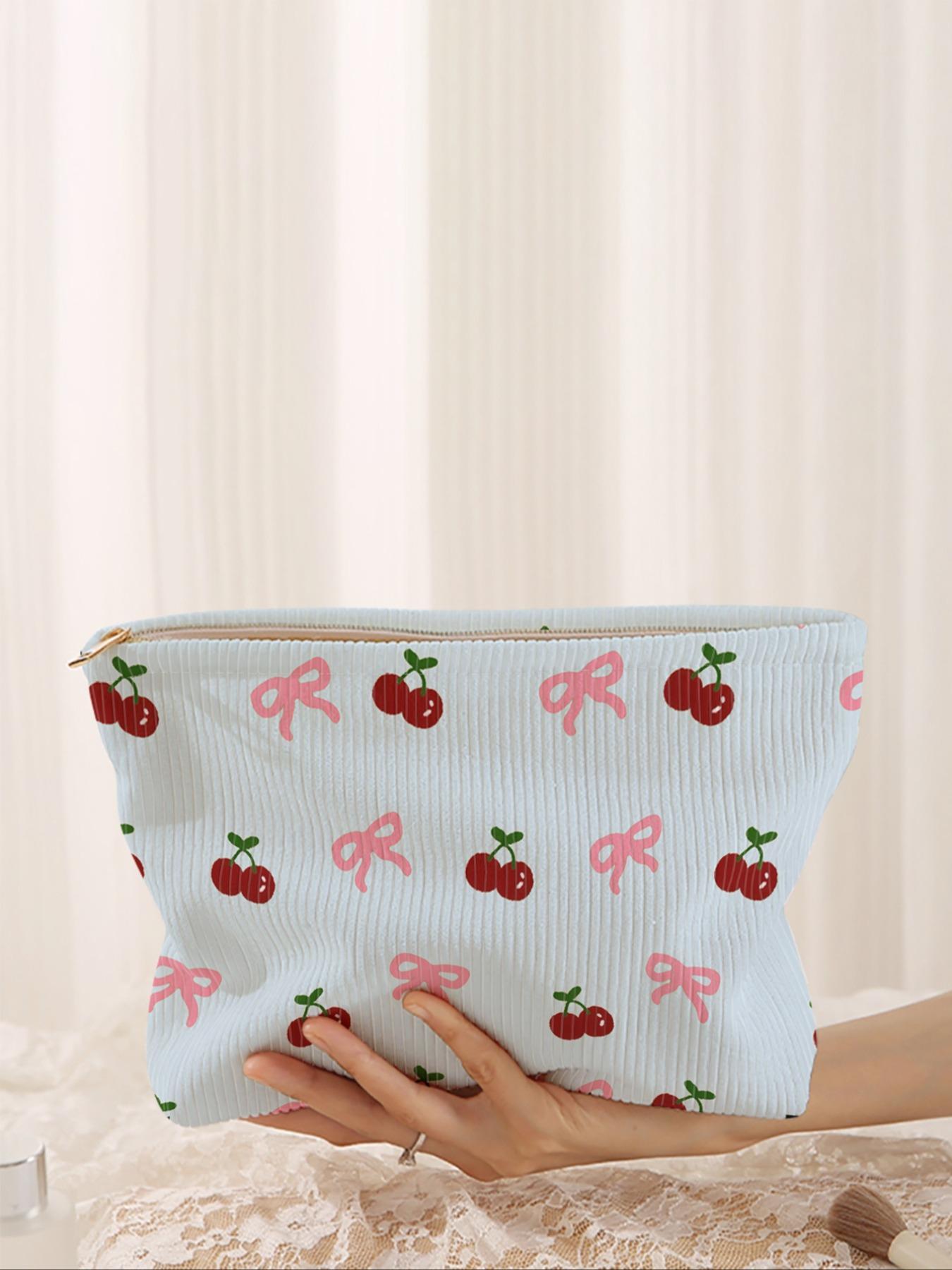 Cherry & Bow Pattern Makeup Bag, Lightweight Multi-functional Fashion Makeup Bag, Casual Travel Makeup Bag, Suitable for Leisure Travel and Various Occasions, Travel Cosmetic Bags, Makeup Pouch, Makeup Organizer Pouch, Travel Essentials, Travel Beauty Bag