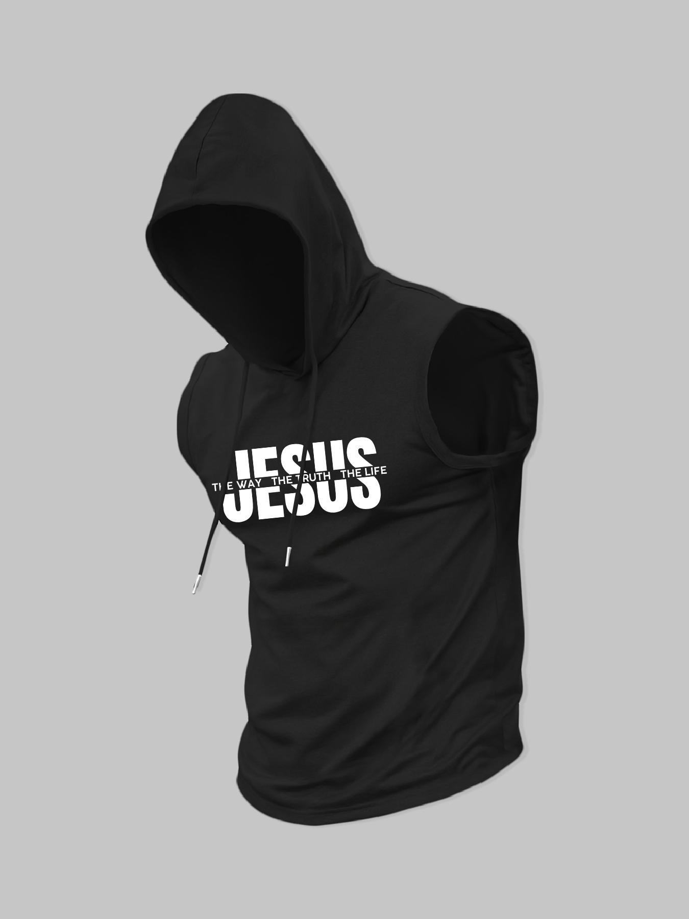 Men's Jesus Print Hooded Tank Top, Regular Fit Casual Sleeveless Hoodie Vest for Summer, Men's Top for Daily Wear, Workout Tank Top, Socks