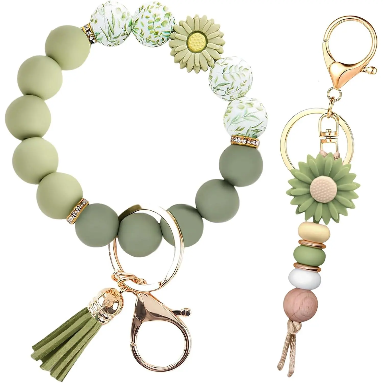 Women's 2PCS Silicone Beaded Bracelet Key Ring Set - Cute Look Everyday Wear Costume Jewelry, Beaded Charm Necklace Floral Motif Wristlet Keychain Set Pack