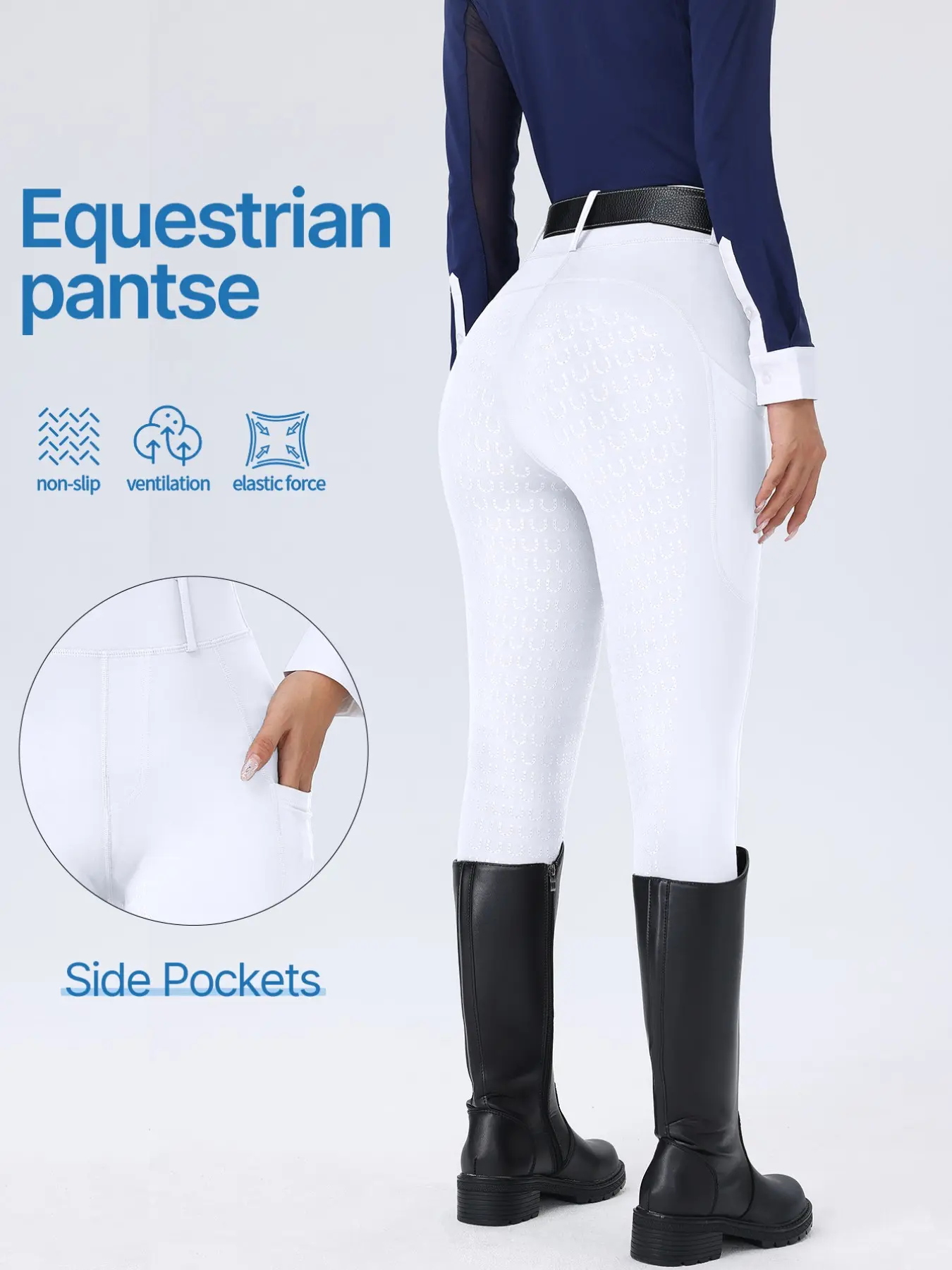 Women's All-Season Equestrian Pants, Anti-Slip Durable Riding Tights, Side Pockets, High Elasticity Quick-Dry, No Belt Included