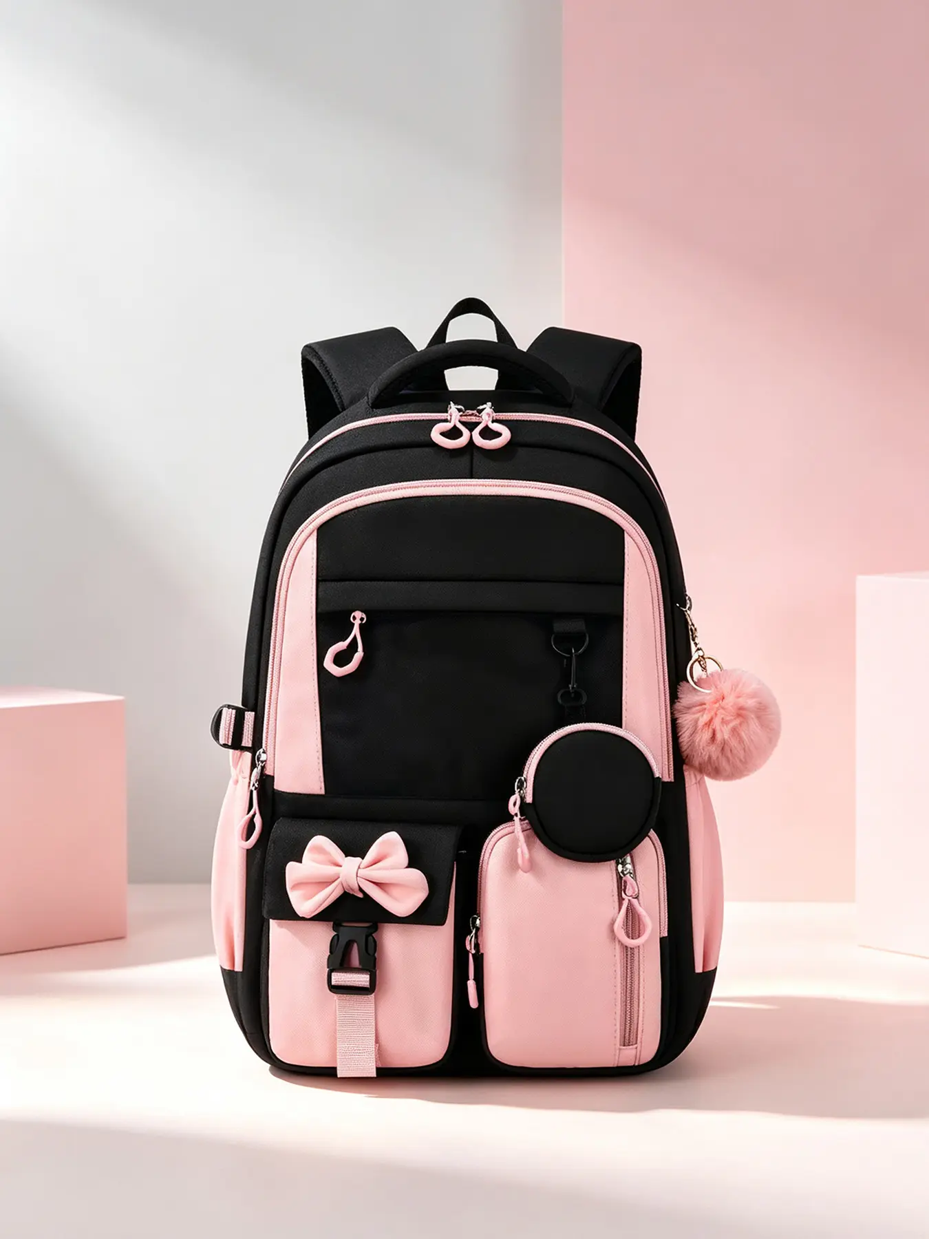 1Pc Black Pink Block Backpack, Bow Decor, Detachable Pom Pom, Mini Round Pouch, Adjustable Padded Straps, Large Capacity for School, Library, Short Trips, Daily Outings