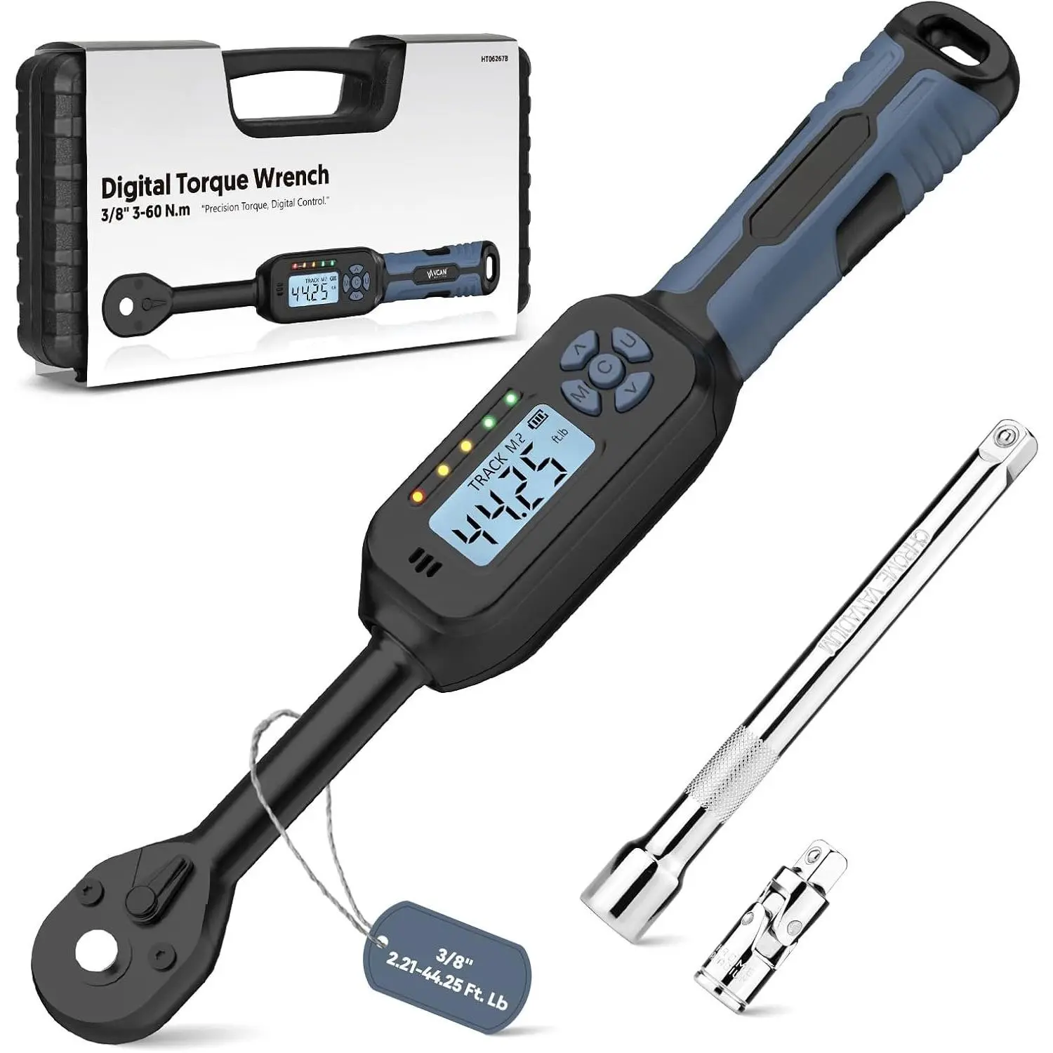 3/8 Drive Digital Torque Wrench (2.21-44.25 Ft-Lb) - ±2% Accurate Ratchet Wrench with Track Mode Buzzer, LED, Joint & 6" Extension Bar for Auto Repair
