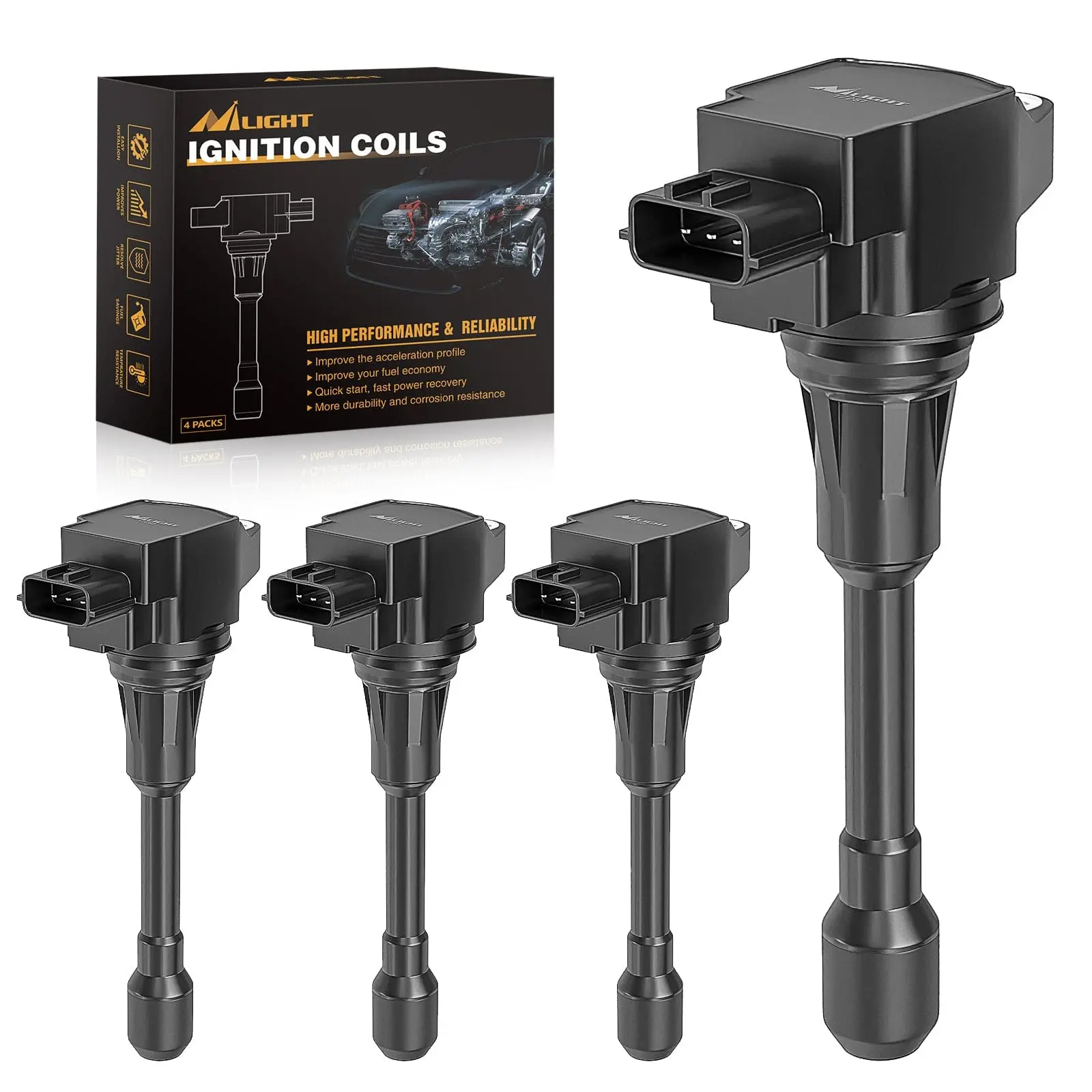 Nilight 4-Piece Copper Wire Ignition Coil Pack Set - High Grade German Copper, Shockproof, Easy-Install, Long-Lasting Automotive Replacement for Nissan 2004-2018 Sentra Altima Rogue Select Urvan Pathfinder NV200 NV350 Cube Versa & 2014-2015 Infiniti